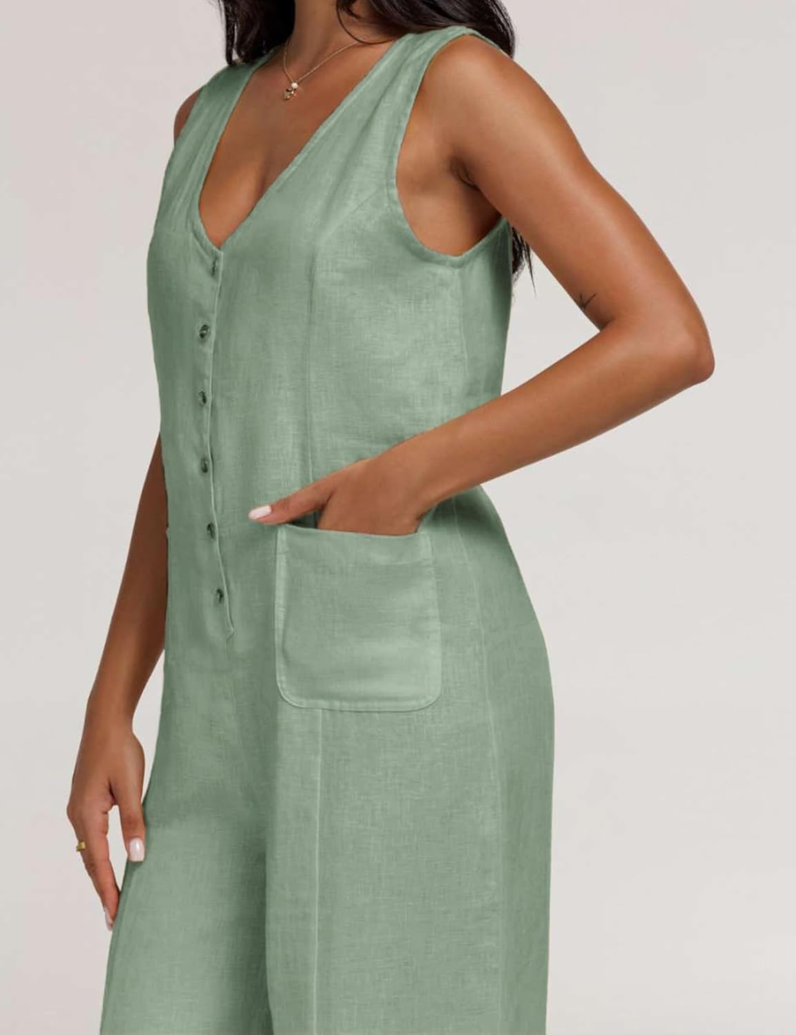 Detalle de Yeokou Women Button Down Cotton Linen Jumpsuit with Pockets