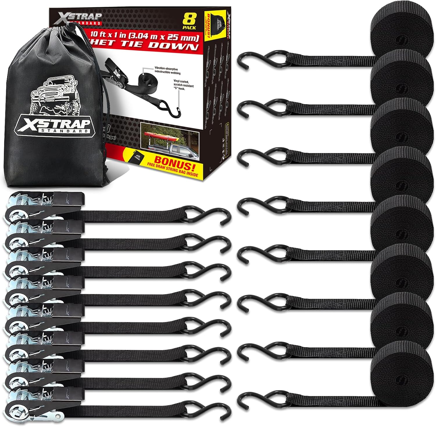 Detalle de XSTRAP STANDARD 16044-11100 Ratchet Tie-Down Straps, 1-Inch x 10-Foot, 8-Pack