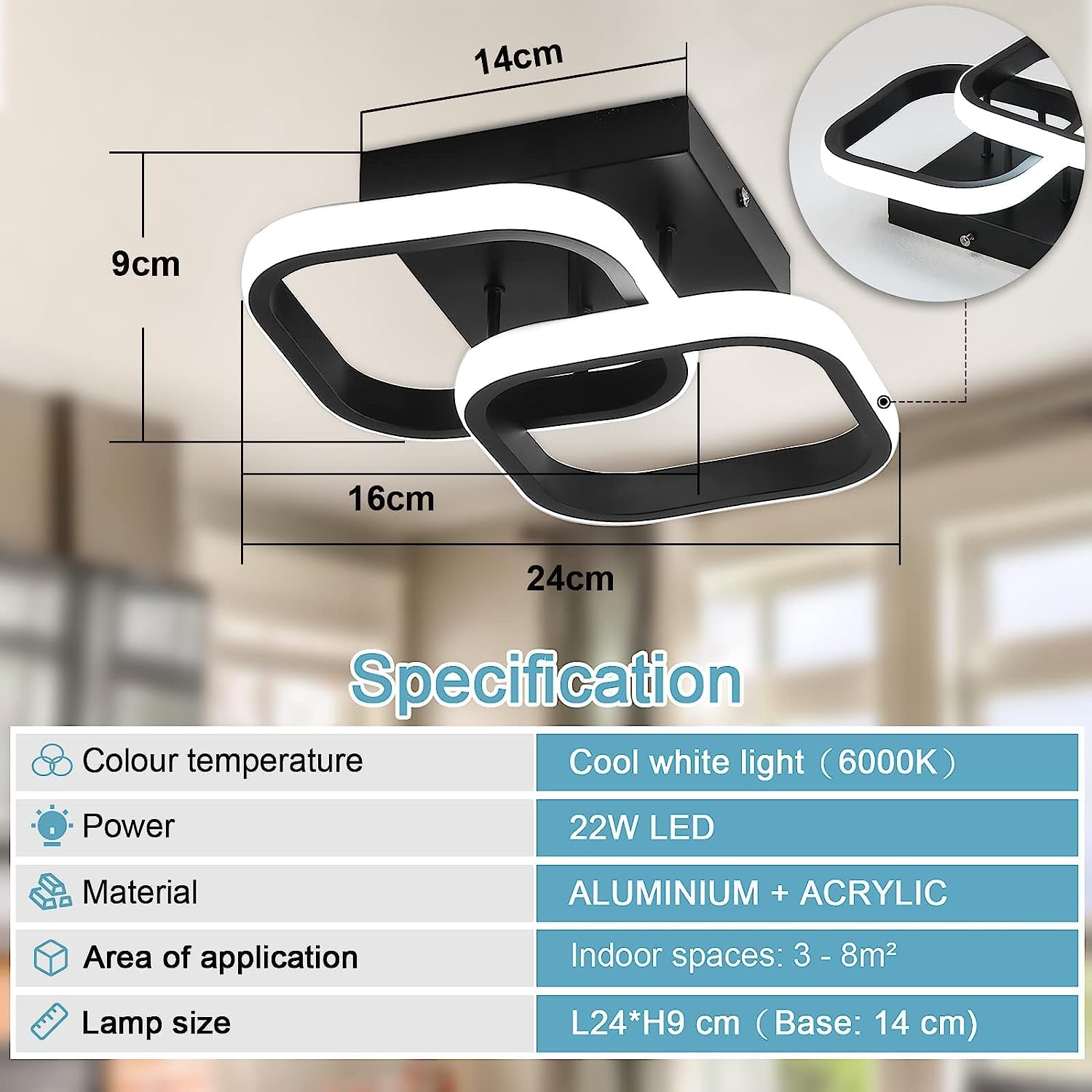 Detalle 2 de EIDISUNY Modern Ceiling Light LED 22W 6000K