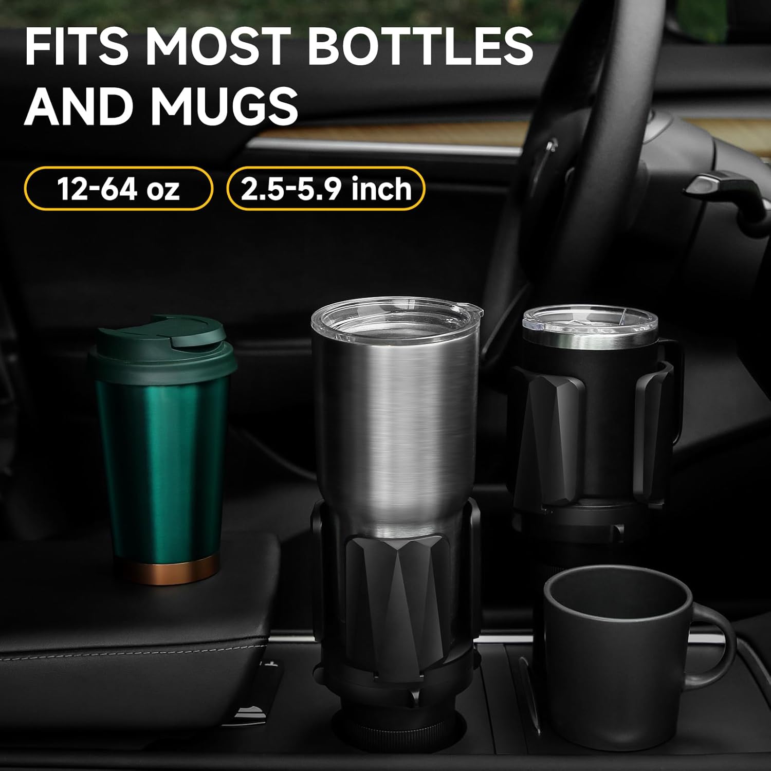 Detalle de DYLEN Car Cup Holder Expander Adapter for Expandable Arms (Fits large bottles and mugs 14-64oz)