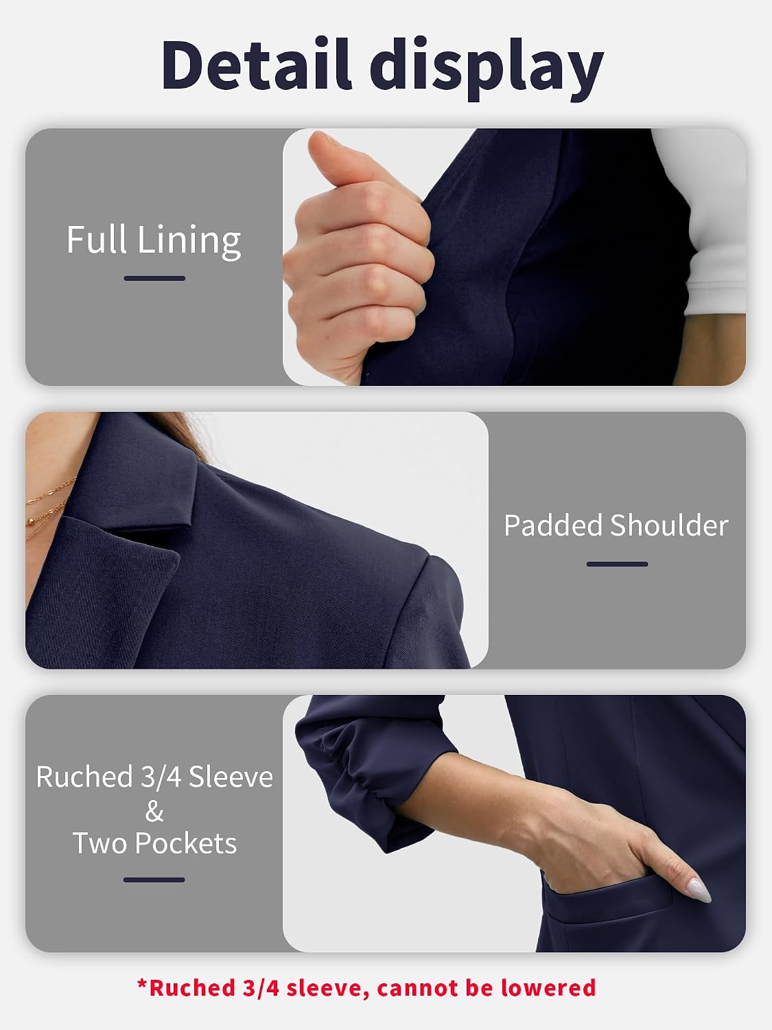 Detalle 1 de ELLEVEN Women's Ruched 3/4-Sleeve Blazer with Full Lining