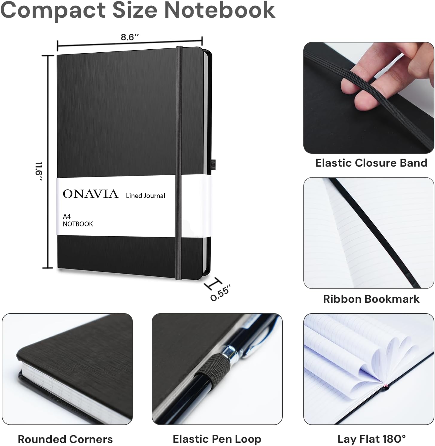 Detalle de ONAVIA A4 Hardcover Notebooks 6 Pack – Lined Journals, 160 Pages, Black