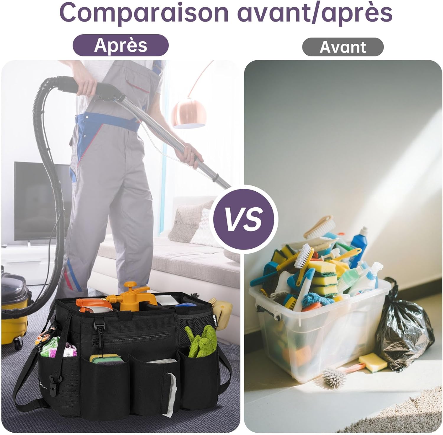 Detalle de OUUTMEE Sac de Nettoyage avec Séparateurs Amovibles – Organisateur Portable 20 x 38 x 26 cm, Noir (Grande)