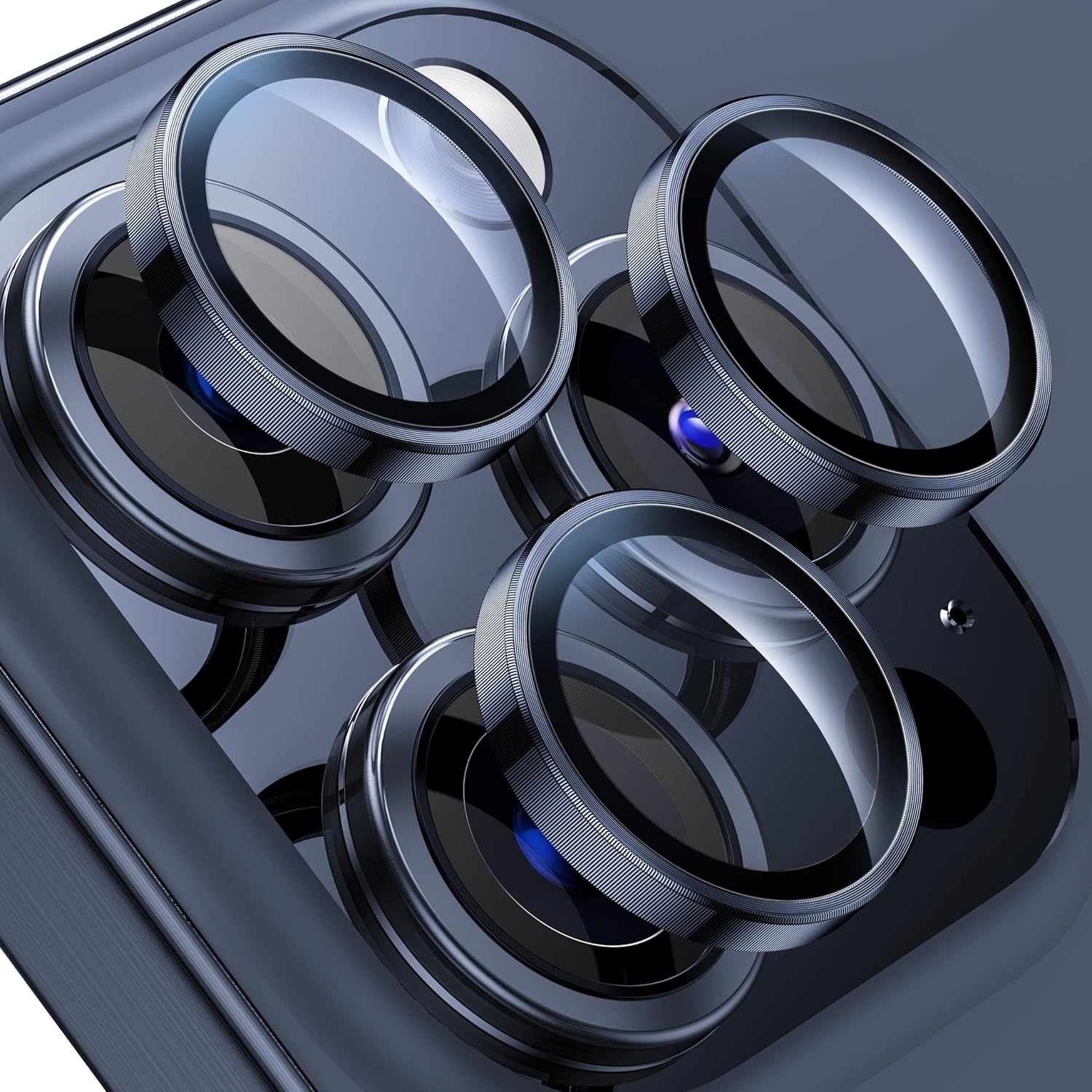 Detalle de WSKEN Kameraschutz für iPhone 15 Pro Max/Pro – 9H Härte, Blasenfrei, Aluminium-Ring, Blendschutz, blaues Titanium