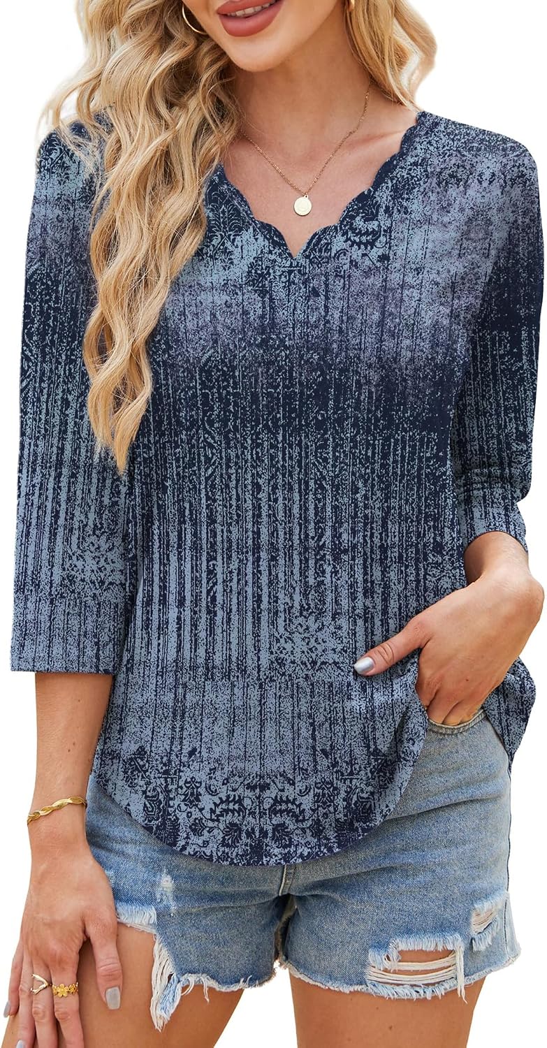 Detalle 2 de WIHOLL 3/4-Sleeve Women's Blouse with V-Neck, Scalloped Neckline and Curved Hem