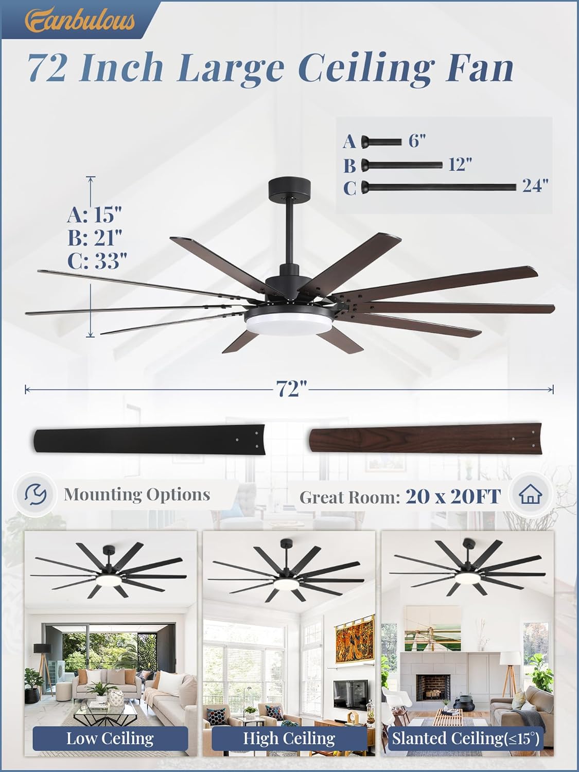 Thumbnail 4 de Fanbulous 72-inch Outdoor Ceiling Fan with Lights and Remote (32W LED, 3 CCT, Reversible DC Motor)