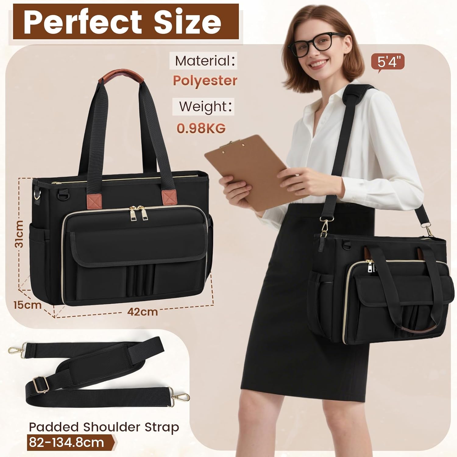 Detalle 2 de RAINSMORE Laptop Tote Bag for Women 15.6" – Insulated Pocket, Luggage Strap & Ample Organisers