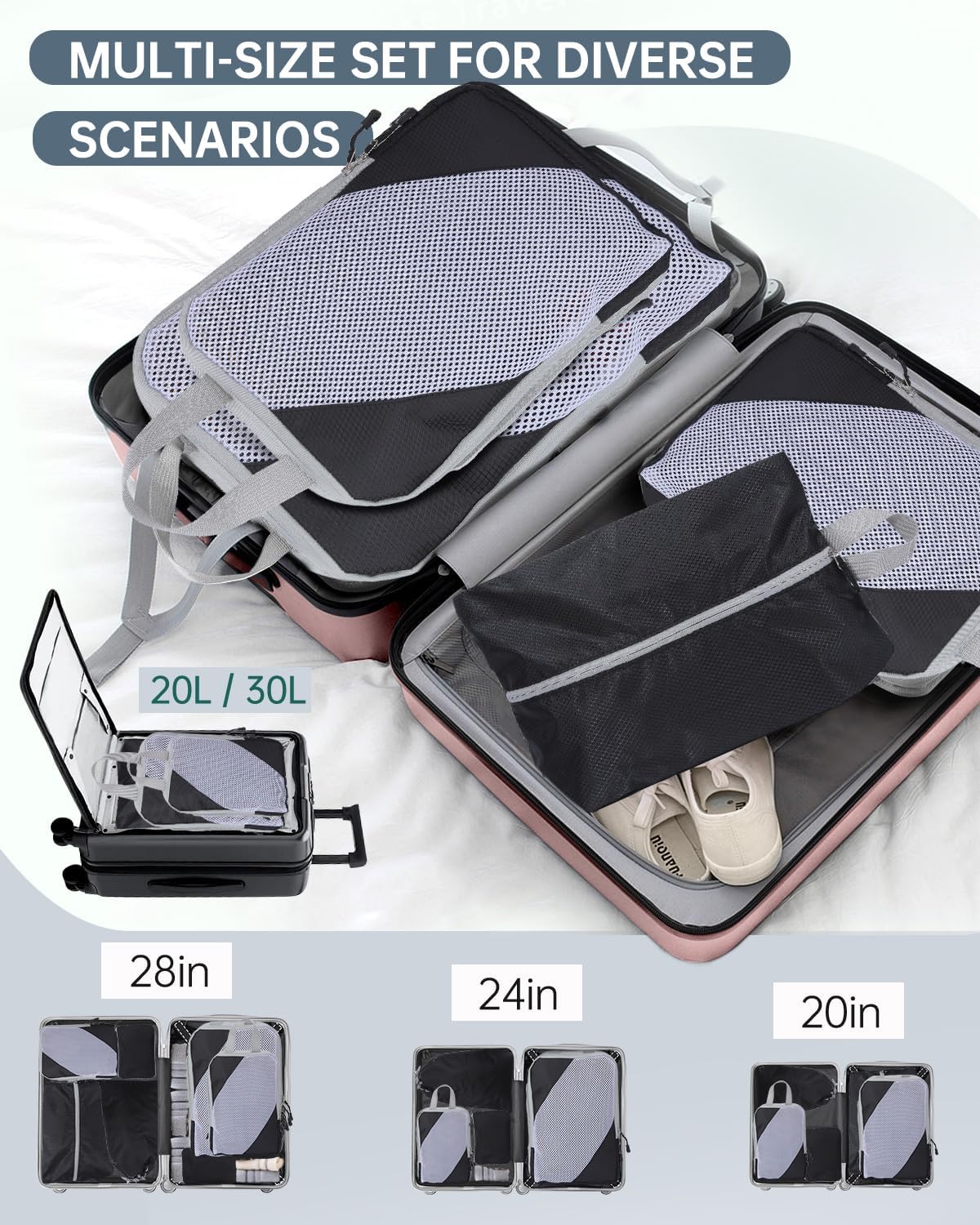 Detalle de MOLICRAIN Compression Packing Cubes for Suitcase – 6-Piece Ultralight Travel Organiser Set (Black)