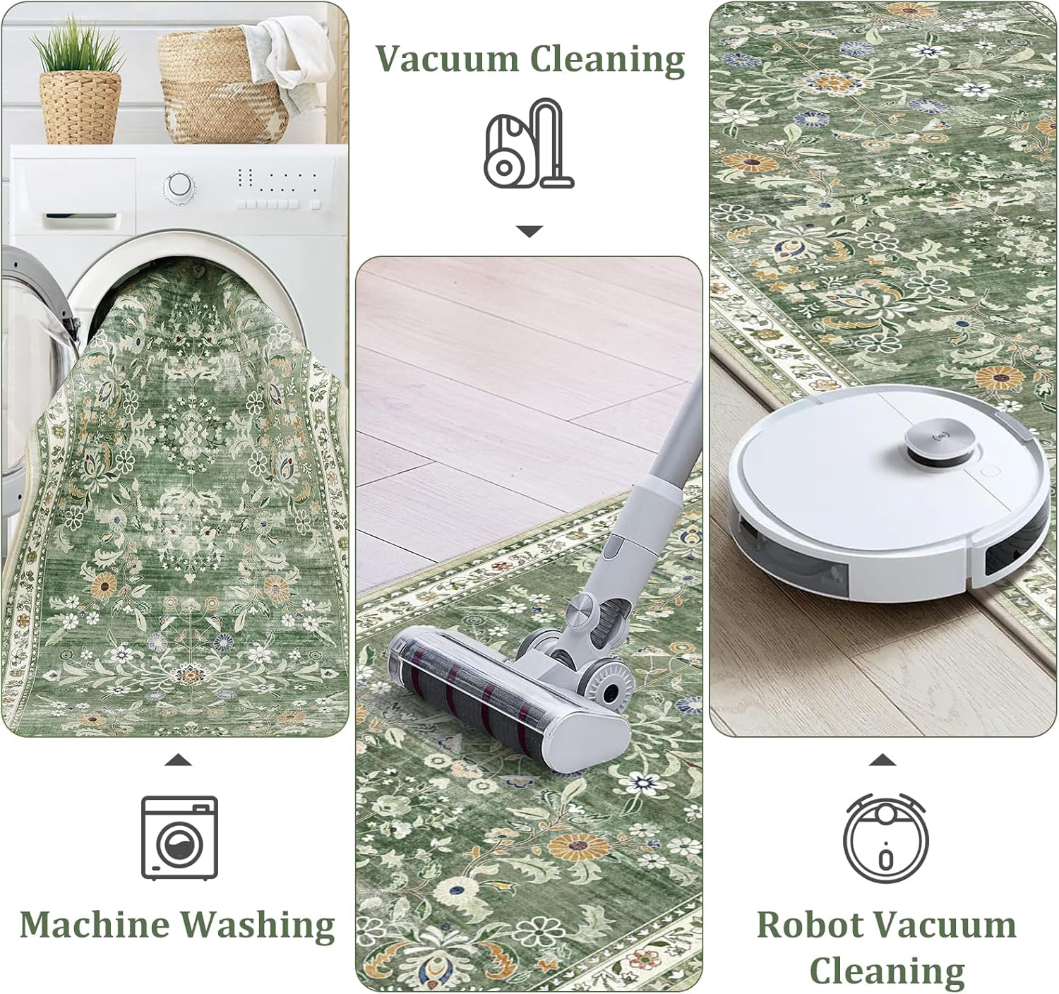 Thumbnail 4 de Yamaziot Washable Kitchen Rug Set of 2: Non-Slip Boho Floral Runner Rugs (2x3 and 2x5, Green)