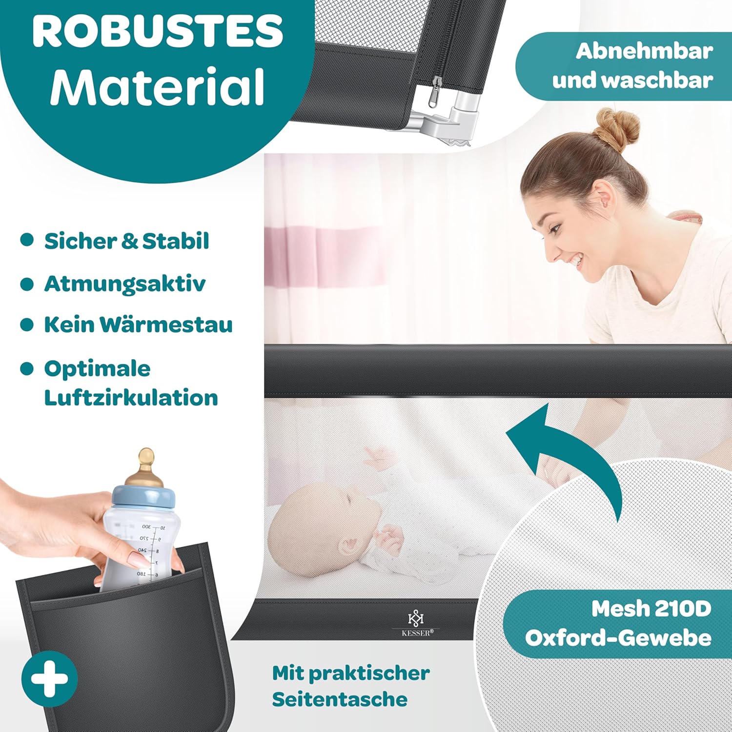 Thumbnail 1 de KESSER® Bettschutzgitter 200 cm – klapp- & höhenverstellbares Kinderbett Schutzgitter mit Mesh Netz, Dunkelgrau
