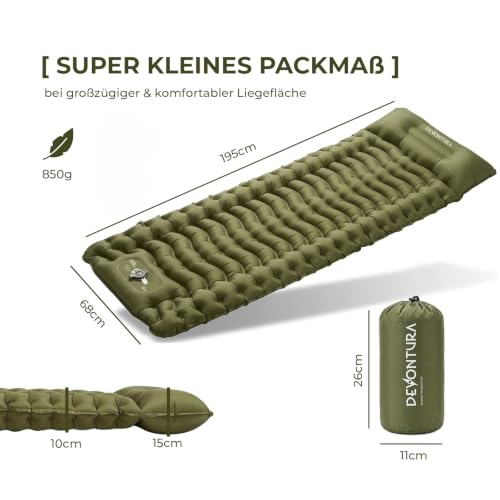 Detalle de DEVONTURA Aufblasbare Isomatte mit Fußpumpe & Kissen – 10 cm Liegehöhe, 195x68 cm, kompakt & robust