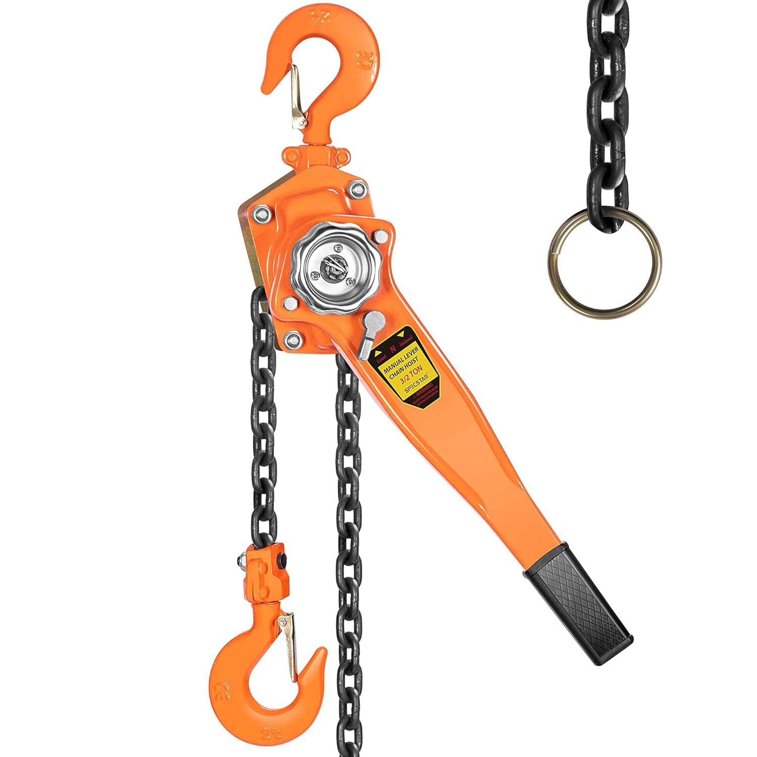 Detalle de SPECSTAR Hebelzug 1500 kg – Manueller Kettenzug mit 360° drehbarem Haken, G80 Kette, 3 m Hubhöhe