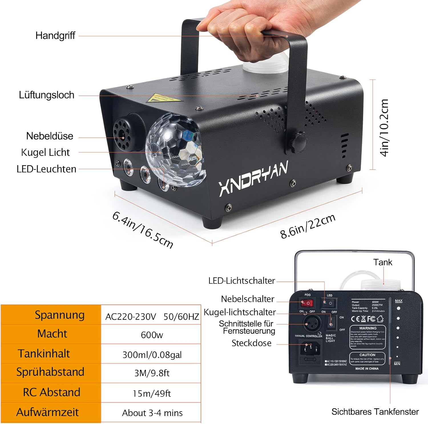 Detalle de Nebelmaschine Xndryan 600W Mini Nebelmaschine mit Partylicht – Profi-Option für Partys, Hochzeiten und Events