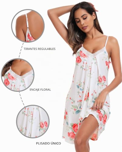 Detalle de Lovasy Camisón de Mujer Verano con Encaje y Escote en V | Tirantes Ajustables, Modal Suave, Blanco, Talla L