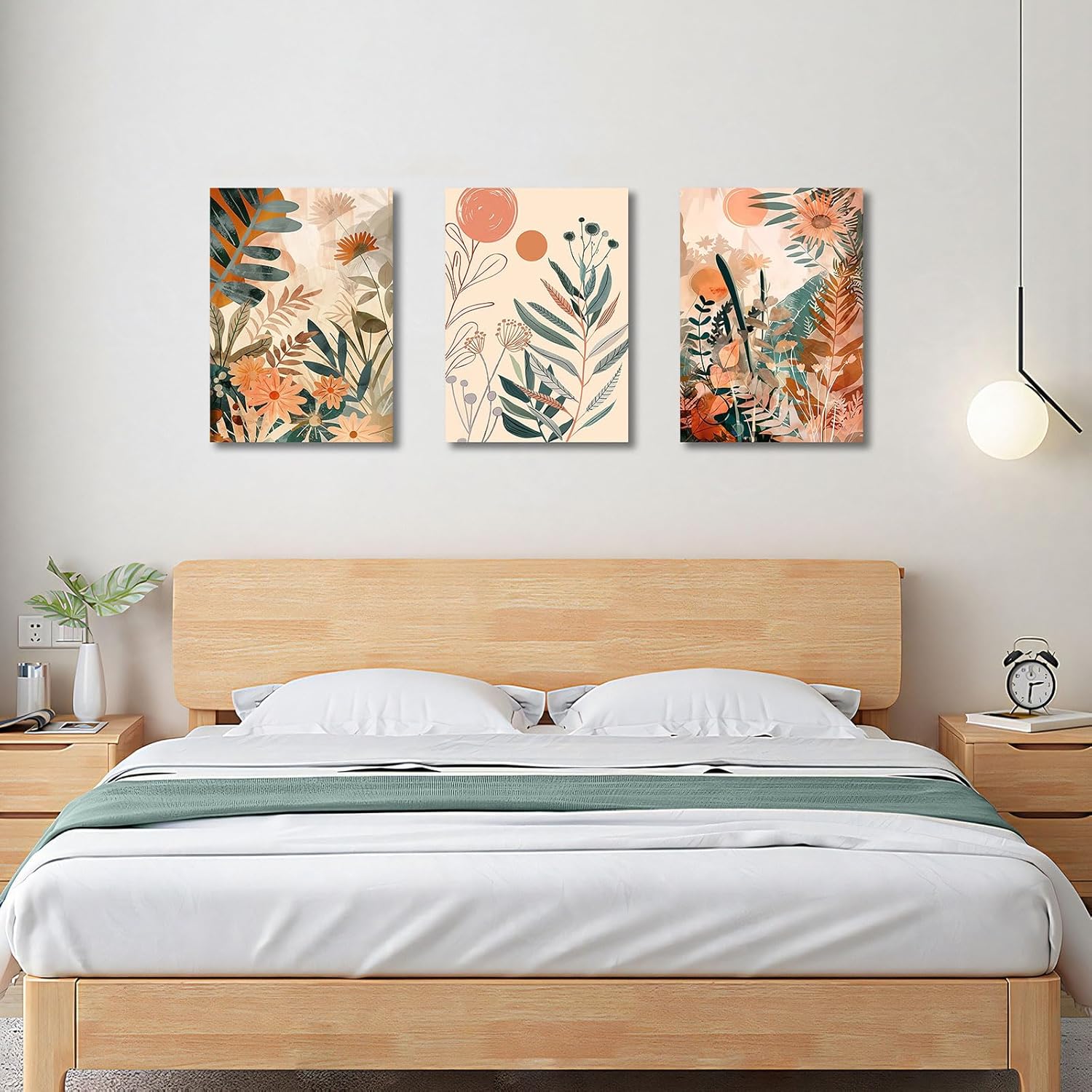 Detalle 2 de 3Pcs Boho Orange Set mit Rahmen – Abstract Leaves & Sun, 120x60 cm, 3-teilig