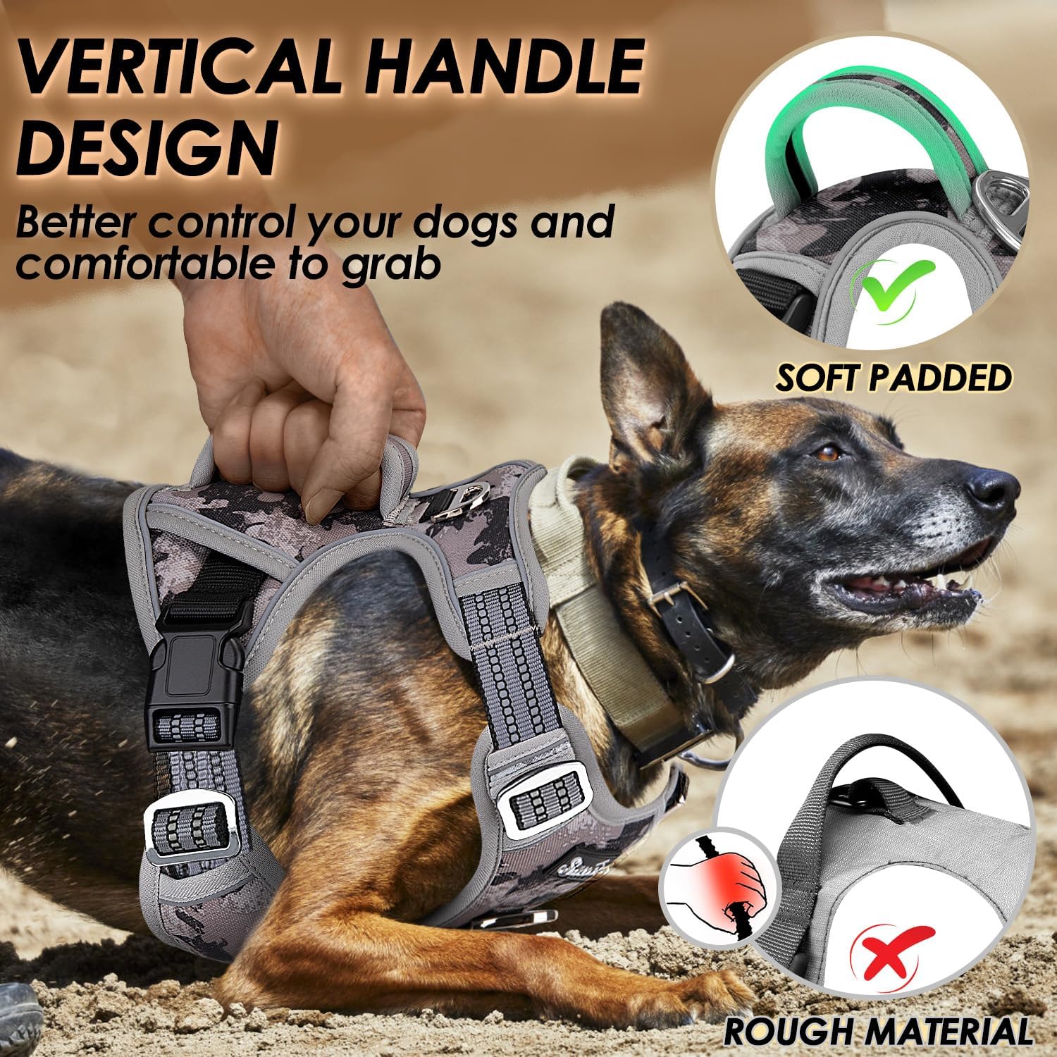 Detalle de Eyein No Pull Dog Harness Large (Camo Grey) – front clip control, padded handle & reflective straps