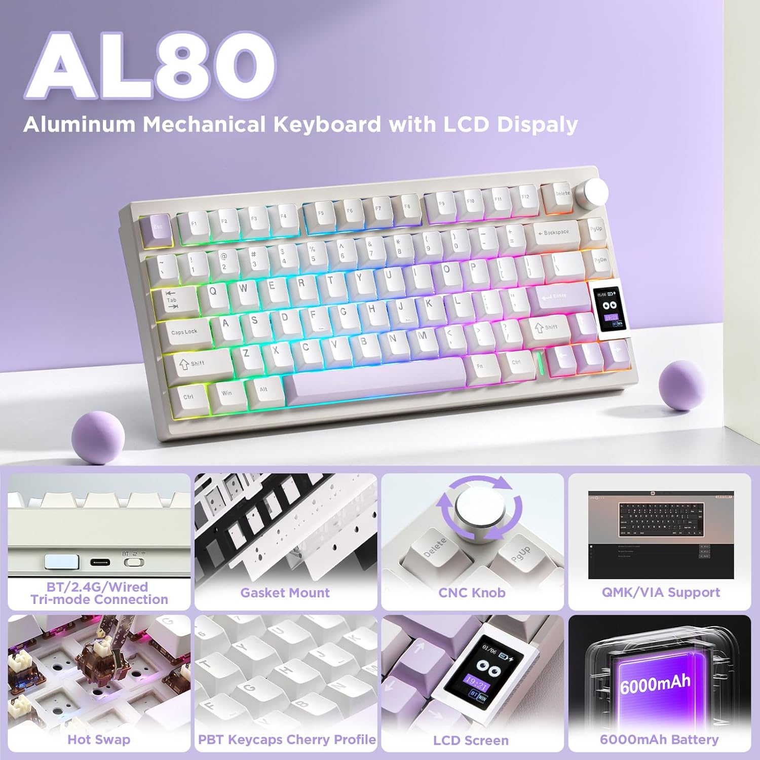 Thumbnail 1 de YUNZII AL80: Drahtlose 75% Mechanische Tastatur mit Aluminiumgehäuse, LCD-Display und QMK/VIA