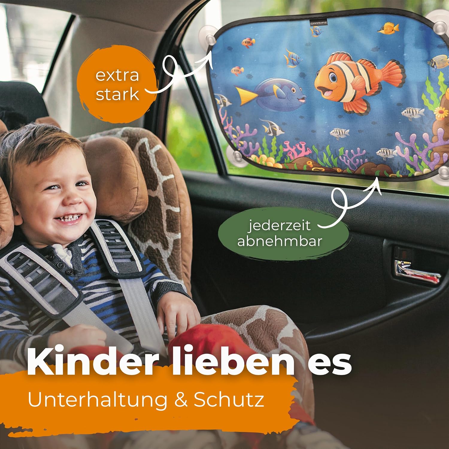 Thumbnail 1 de CARAMAZ Sonnenschutz Auto Baby – UV-Schutz 48 × 30 cm, 2 Stück mit Saugnäpfen, Motiv Orange-Neo