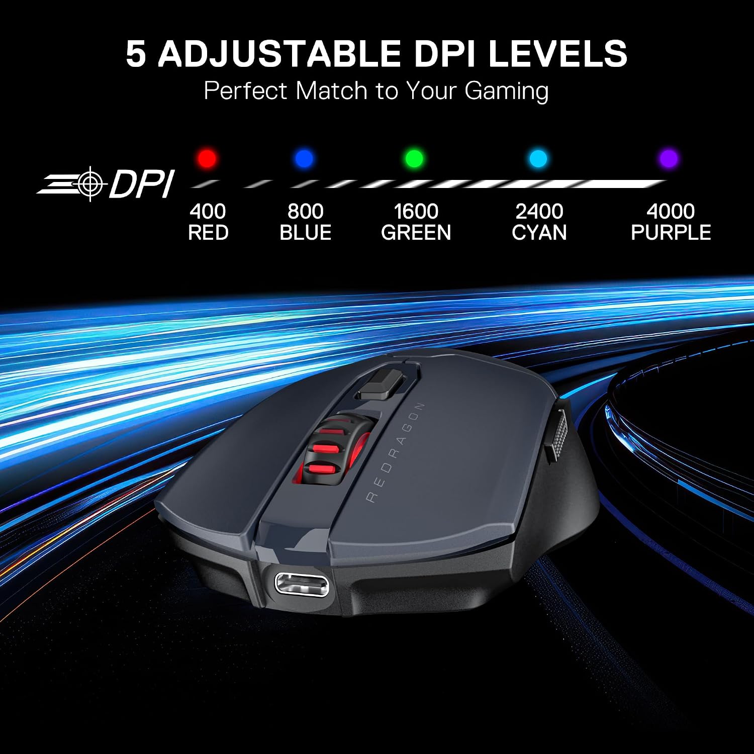 Detalle de Redragon M995 LIT Wireless Gaming Mouse (BT + 2.4G) with 10,000 DPI and 6 programmable macros