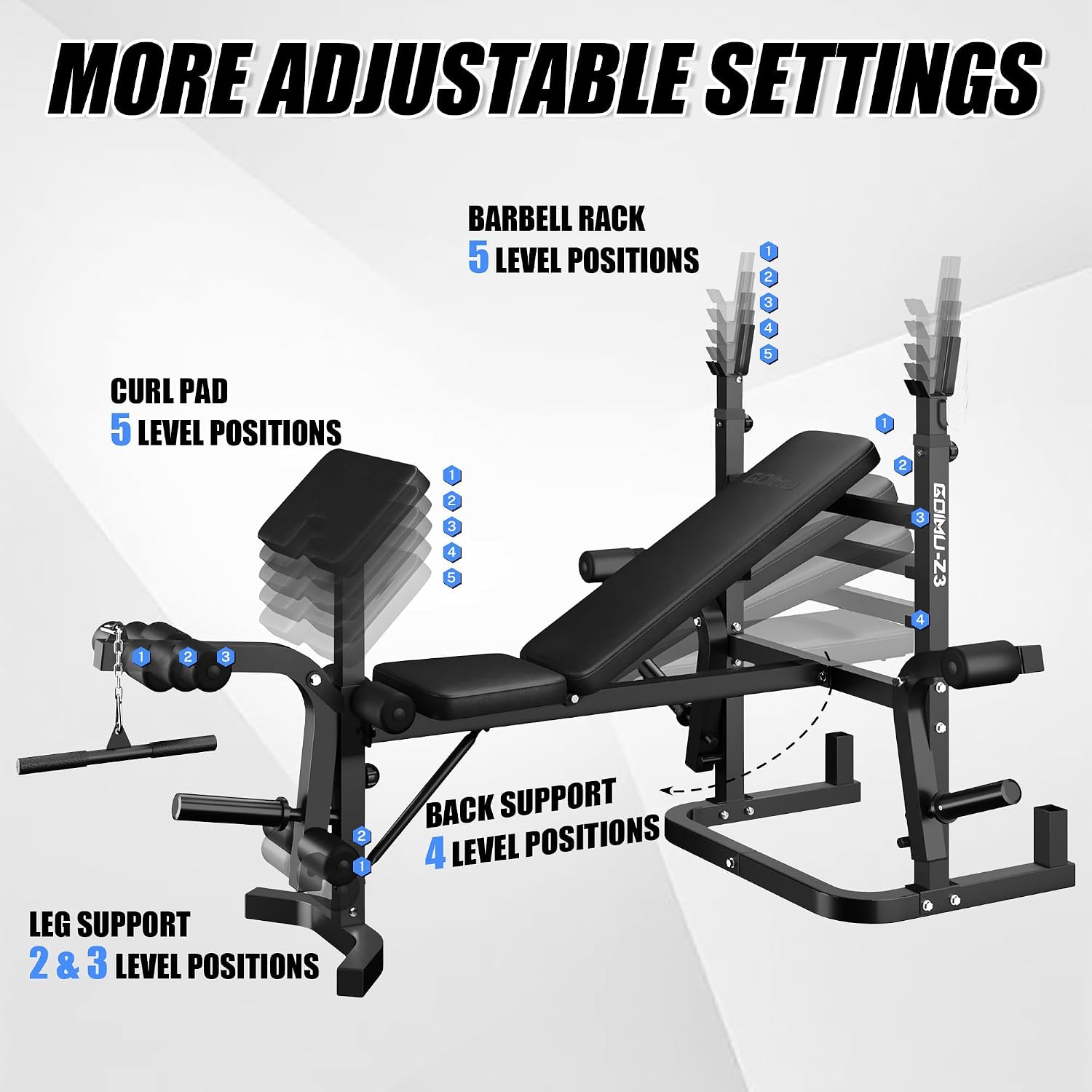 Detalle de Goimu Z3 Olympic Weight Bench Set, 9-in-1 with Leg Extension and LAT Pulldown