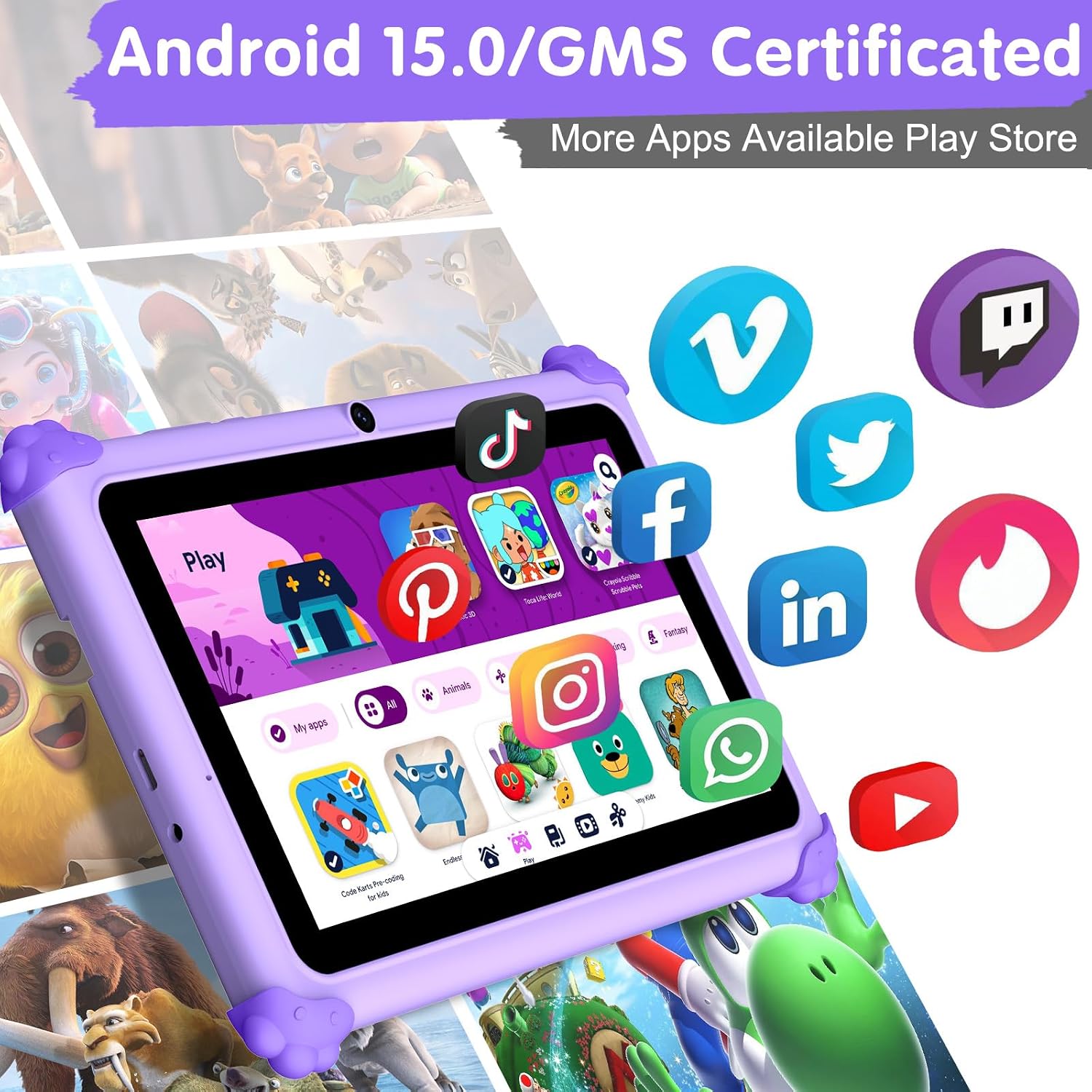 Detalle 2 de ascrecem Kinder Tablet 7 Zoll mit Android 15, 6 GB RAM, 32 GB Speicher & WiFi 6 (lila)