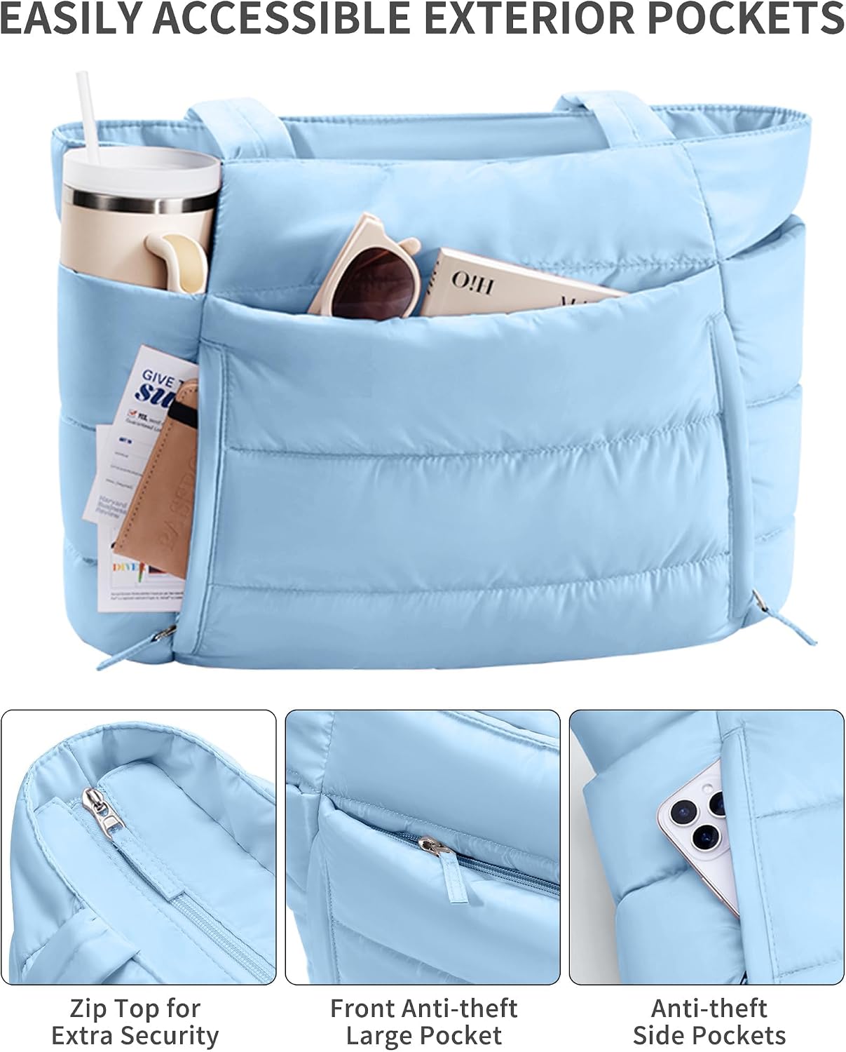 Detalle de Bagstellar Puffer Tote Bag, 20L Quilted Work Tote with 15.6-Inch Laptop Sleeve