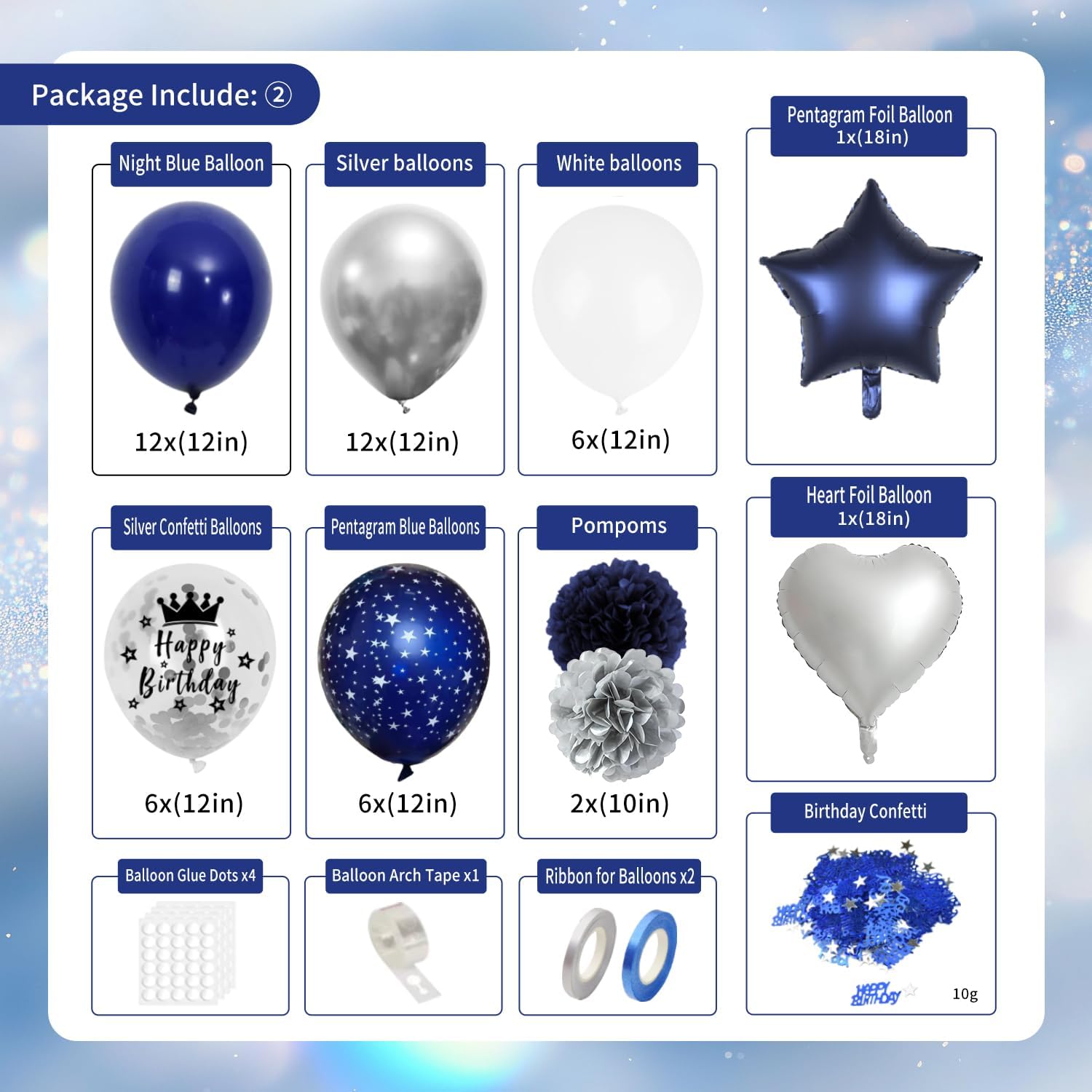 Detalle 2 de Geburtstagsdeko Blau Silber – Komplettset für Marine-Blau-Silbernen Geburtstag
