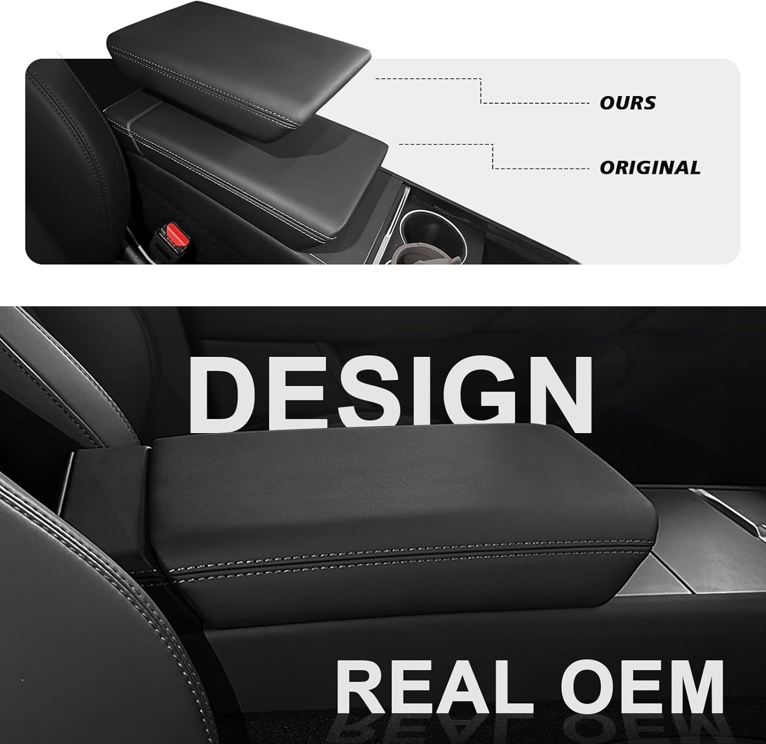 Detalle de Muslogy Center Console Armrest Cover for Tesla Model Y Juniper 2026+ / Model 3 Highland 2024+ (Black Vegan Leather, Snap-On, 4-Layer Design)