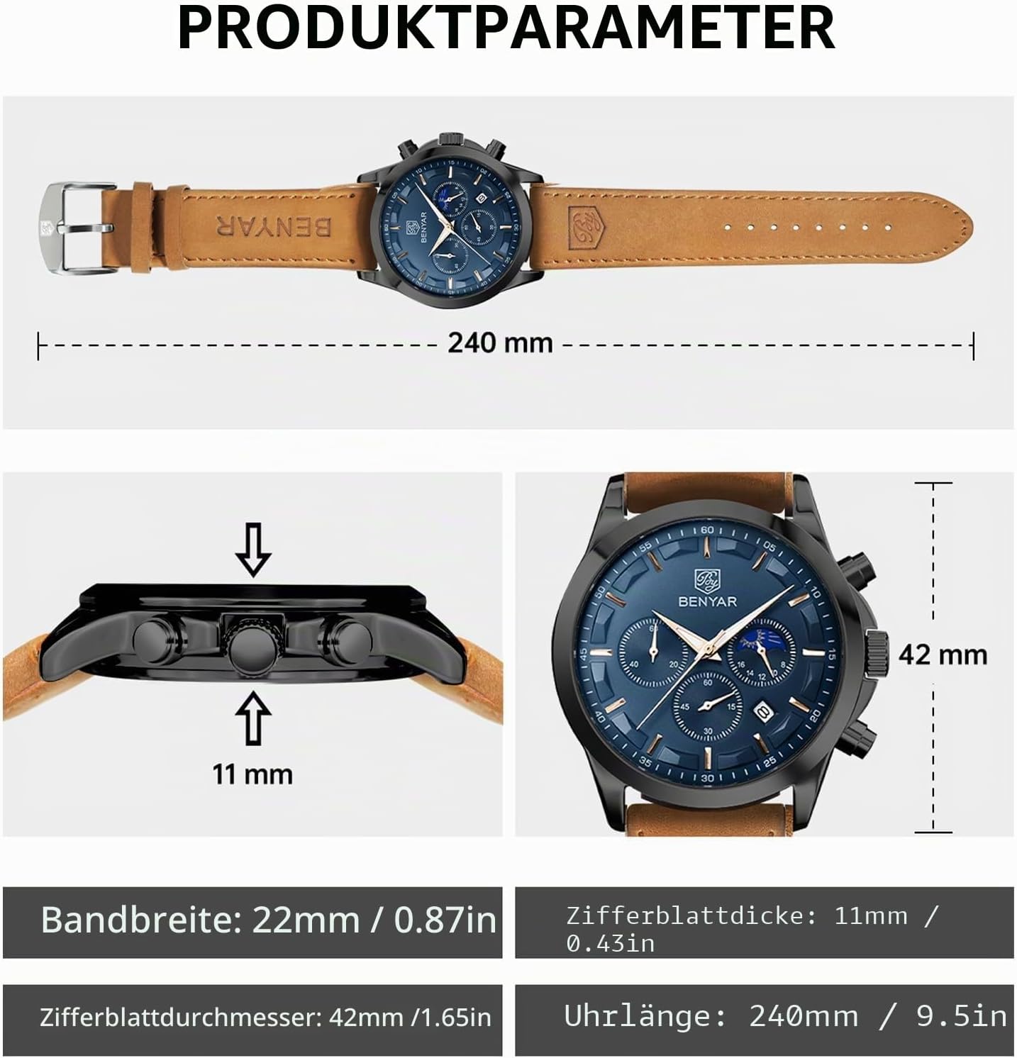 Thumbnail 6 de BENYAR BY Uhren Herren Chronograph Quarz – stilvolle 3-Zeiger-Armbanduhr mit Datum, 30 m Wasserdicht