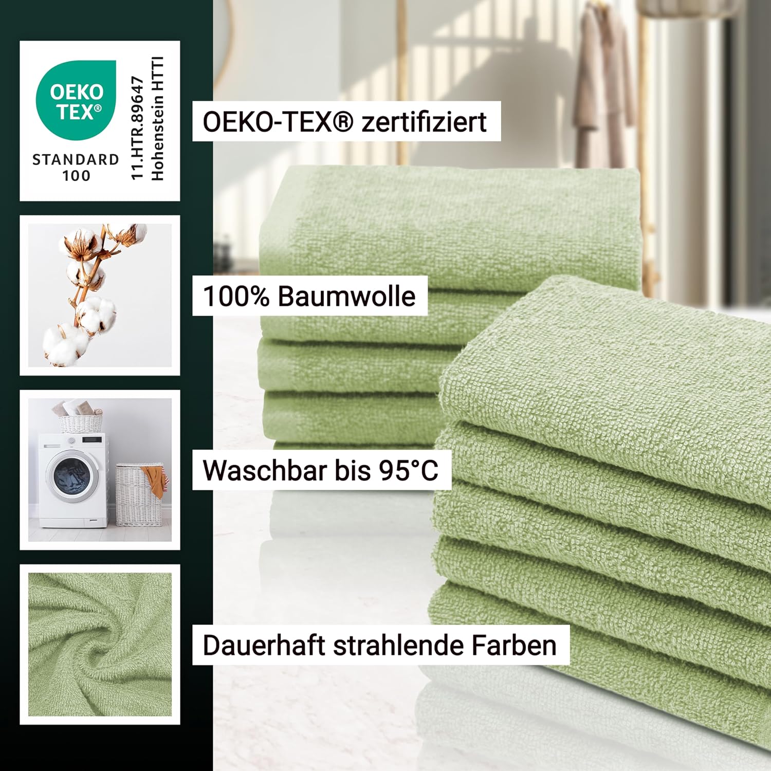 Thumbnail 2 de ZOLLNER 10er Set Seiftücher – weiche und saugfähige Waschlappen aus 100% Baumwolle, 30x30 cm, lindgrün