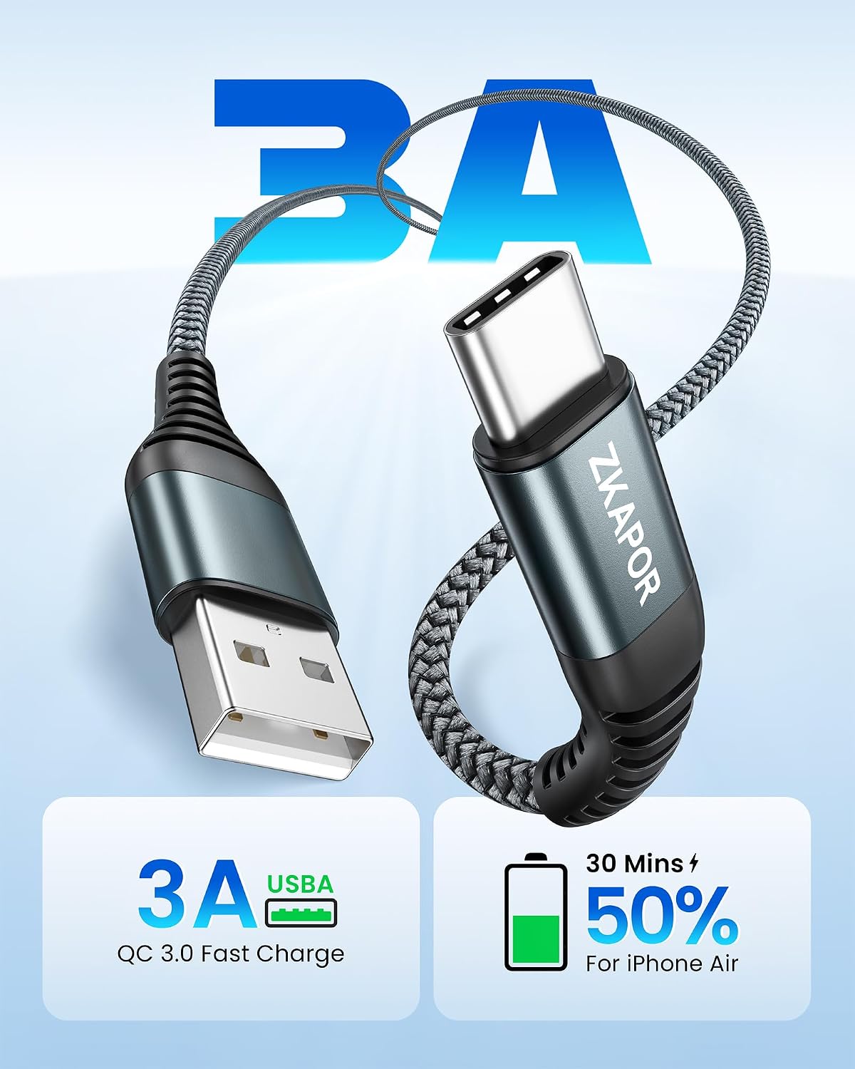 Detalle 2 de ZKAPOR Extra Lang USB‑C Kabel 5 m (Nylon) mit Schnellladung bis 3 A & 480 Mbit/s