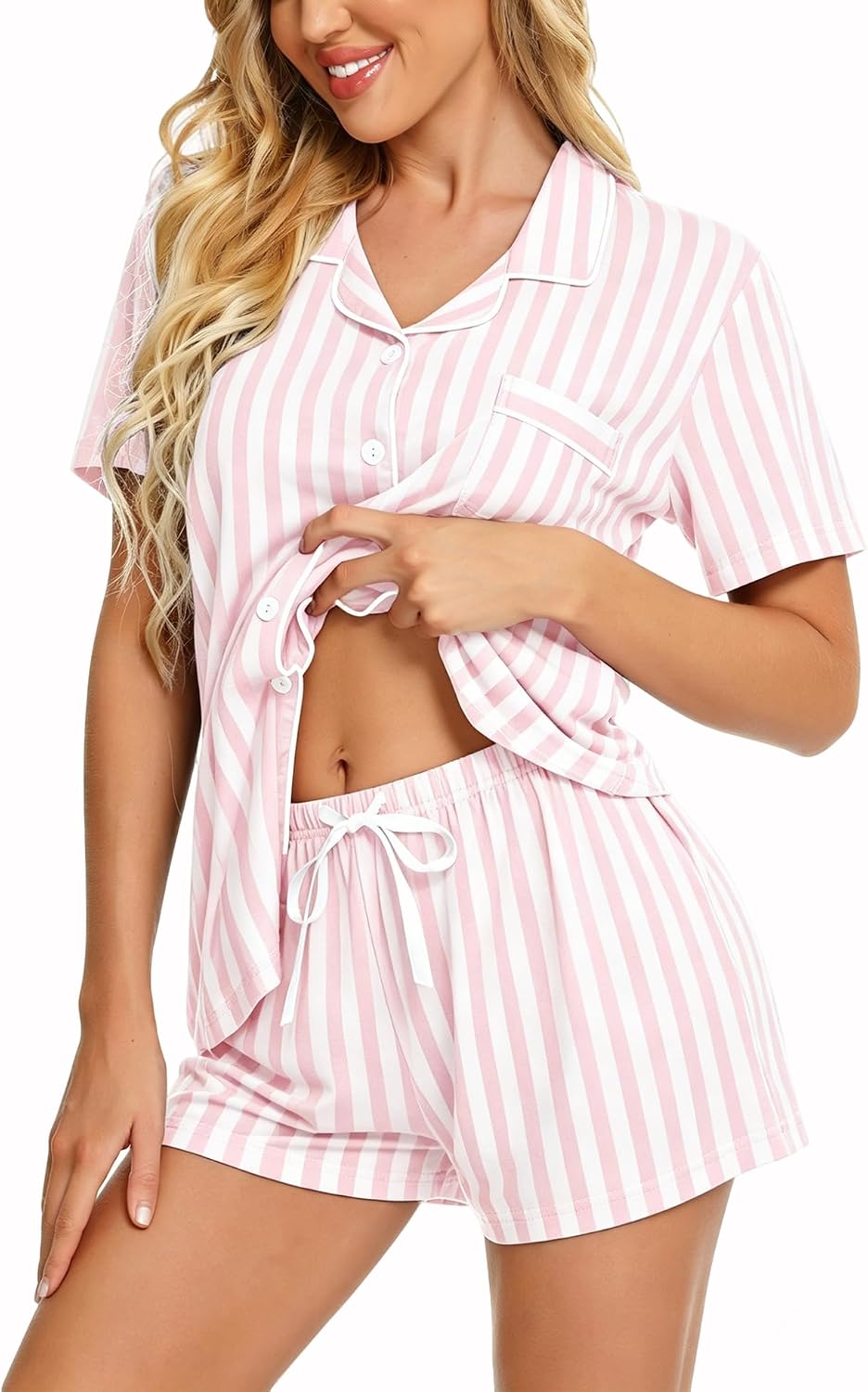 Detalle de SWOMOG WGaa001 Women's Pajama Set, Button-Down Modal Top and Shorts