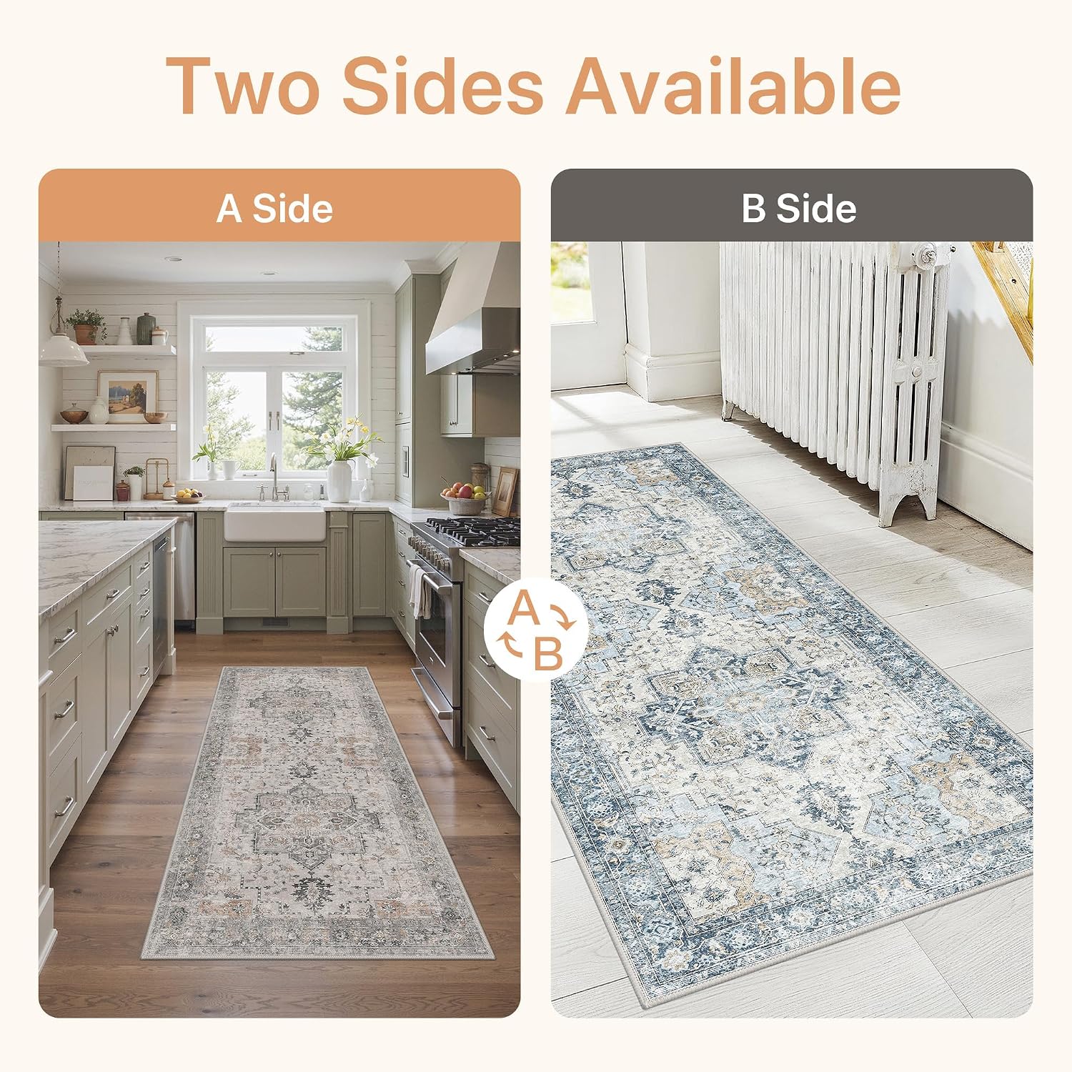 Detalle de GENIMO 2'6" x 6' Washable Runner Rug Non Slip for Hallway – Taupe Blue, Vintage Floral