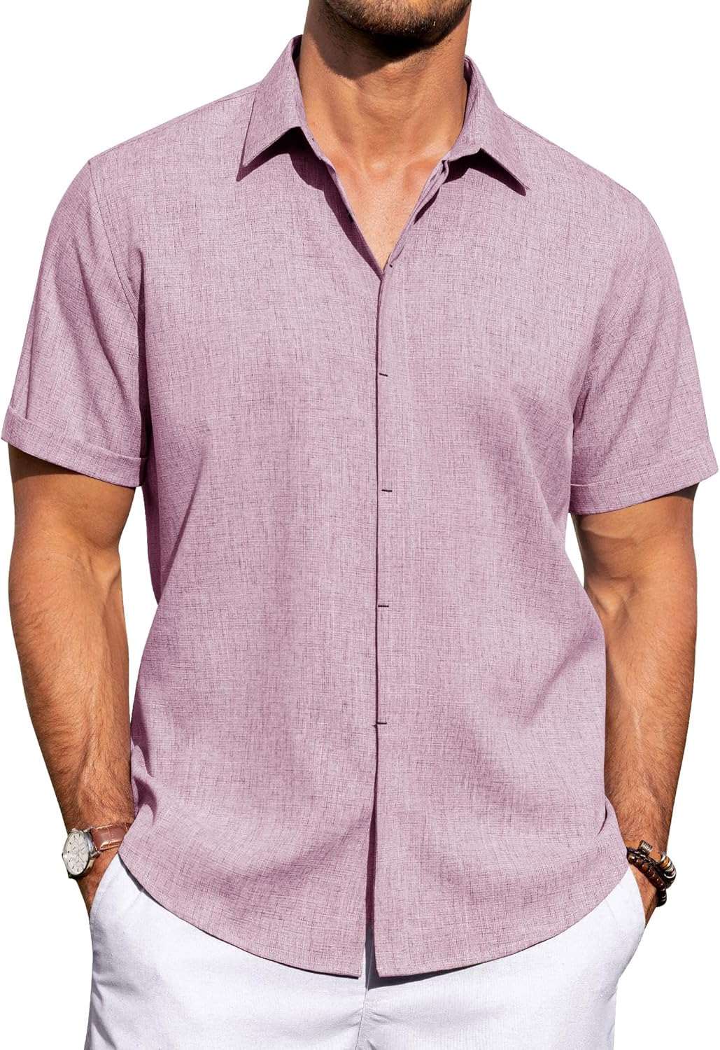 Detalle de J.VER Men’s Linen Blend Casual Short-Sleeve Button-Down Shirt for Summer & Beach