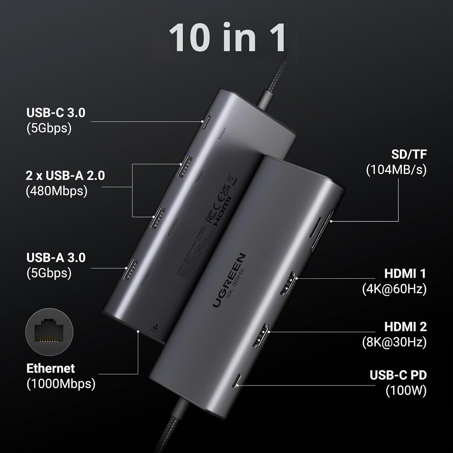 Thumbnail 1 de UGREEN Revodok Pro 210 Docking Station USB-C 10 in 1 con doppio HDMI, Ethernet gigabit, SD/TF e Power Delivery 100W