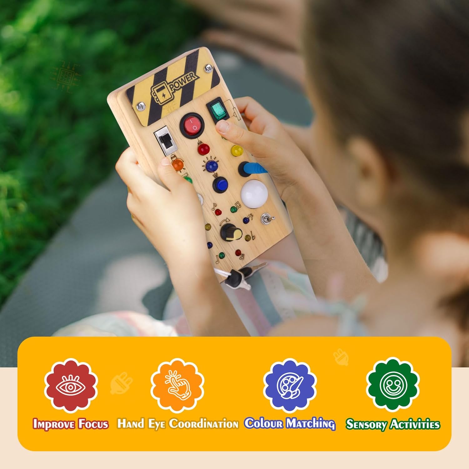 Detalle de Hoarosall Montessori Wooden Busy Board with 8 LED Light Switches