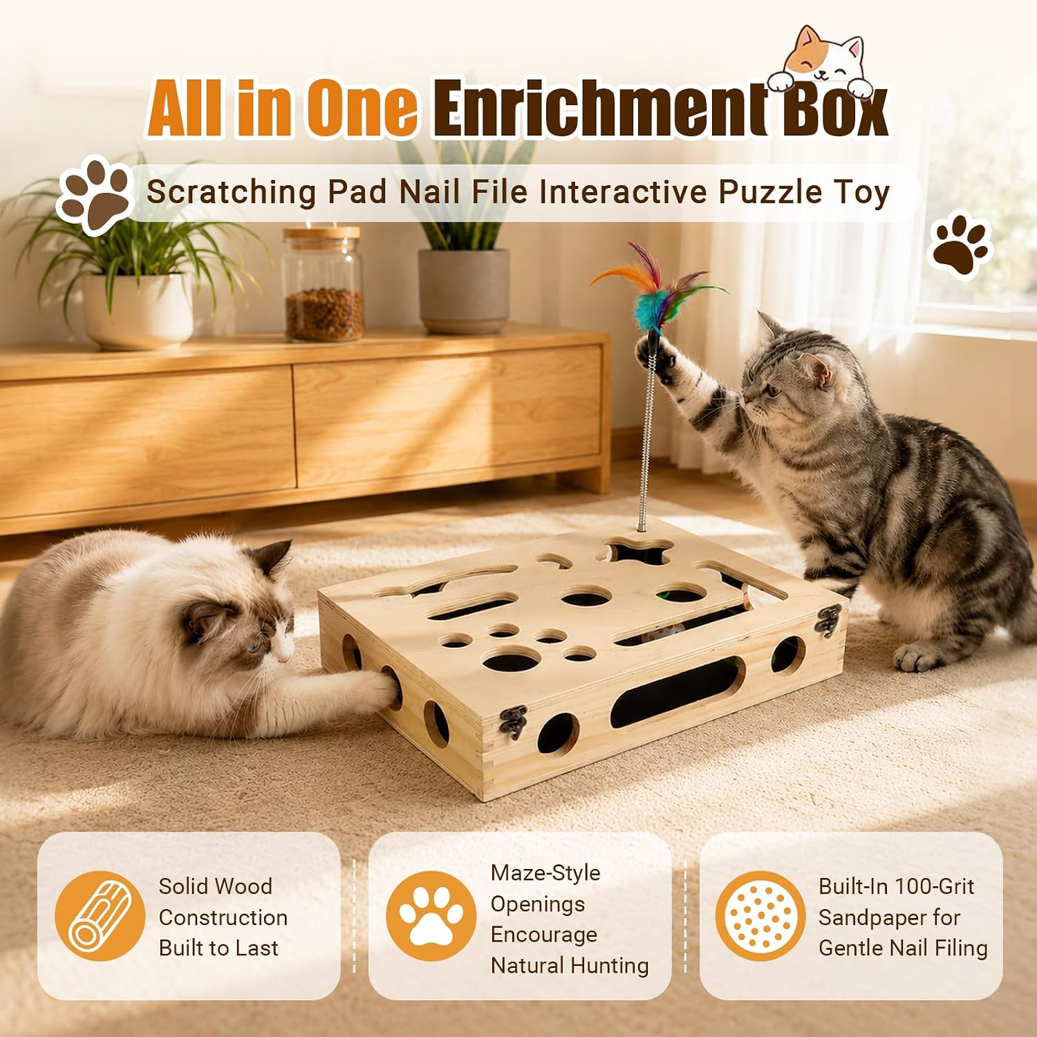 Detalle de UOPON CNFSB-0001 Cat Scratch Puzzle Box with Sandpaper, Feather Wands & Bell Balls