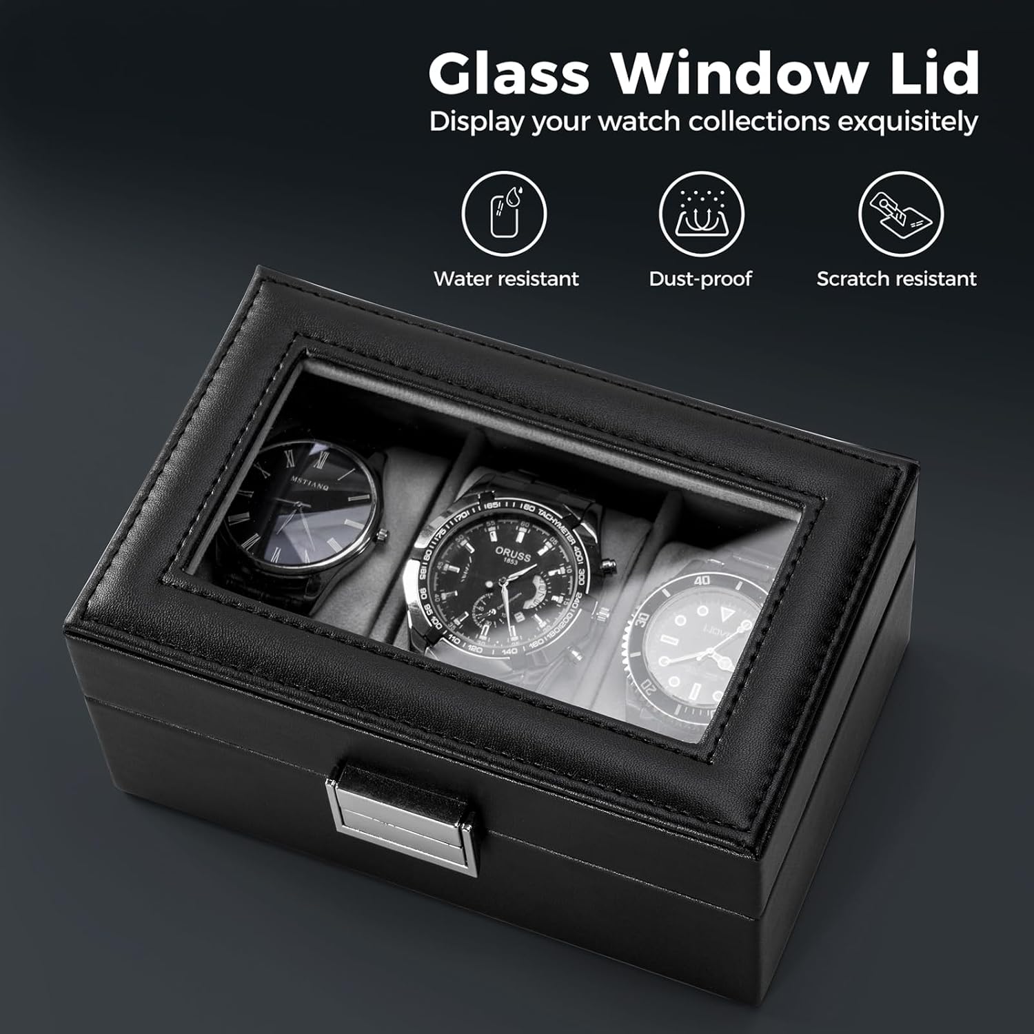 Thumbnail 2 de ProCase caja para 3 relojes con tapa de cristal y cojín extraíble (negro)
