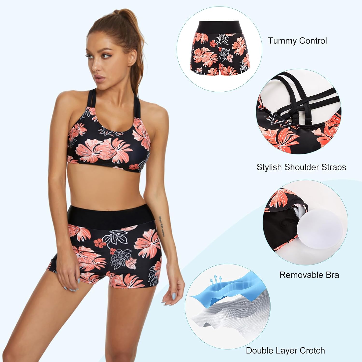 Detalle de JASAMBAC 3 Piece Tankini Swimsuit for Women: Tank Top, Bikini Top and Boyshort Set