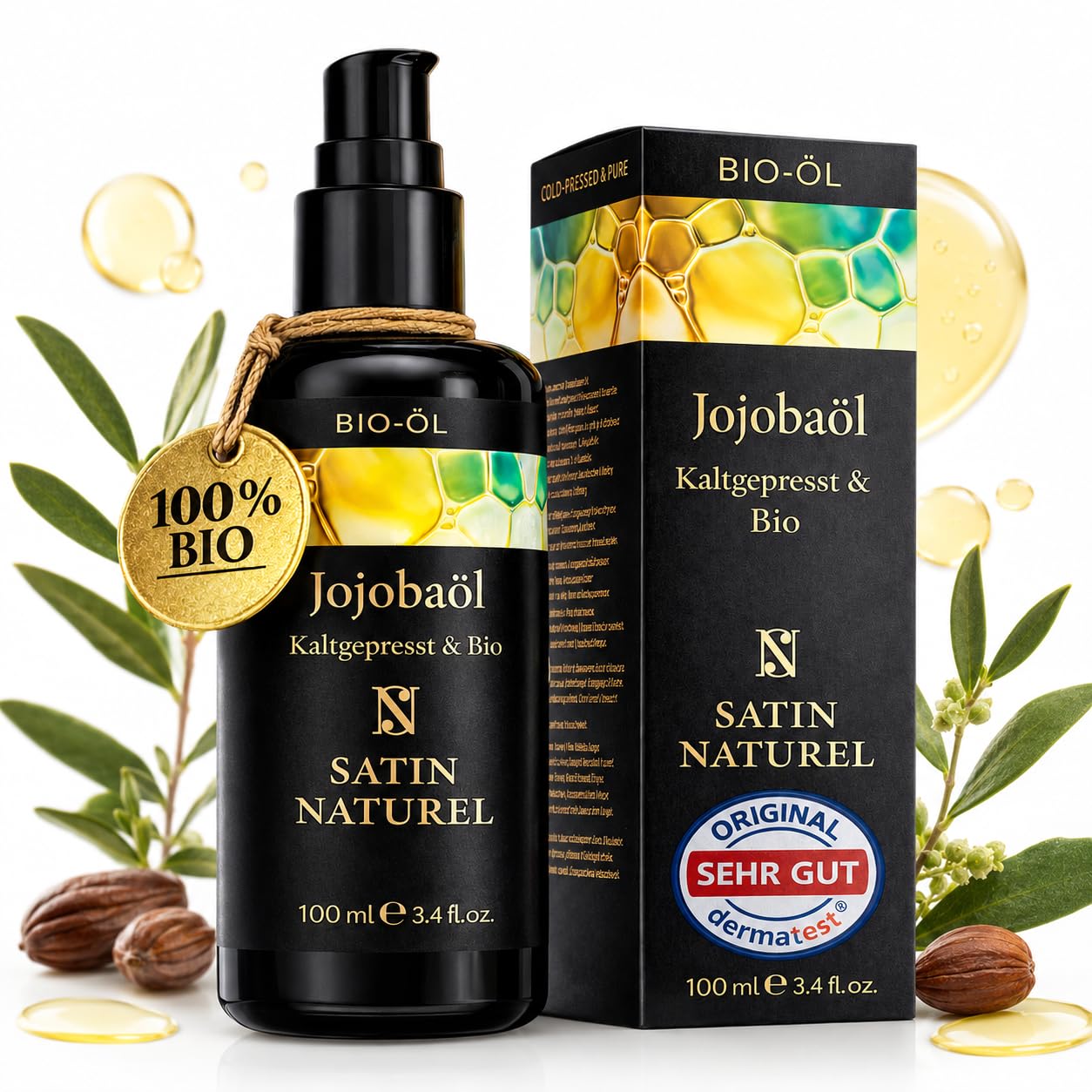 Detalle de Satin Naturel Bio Jojobaöl kaltgepresst (100% rein) – 100 ml als Gesichts- und Körperöl