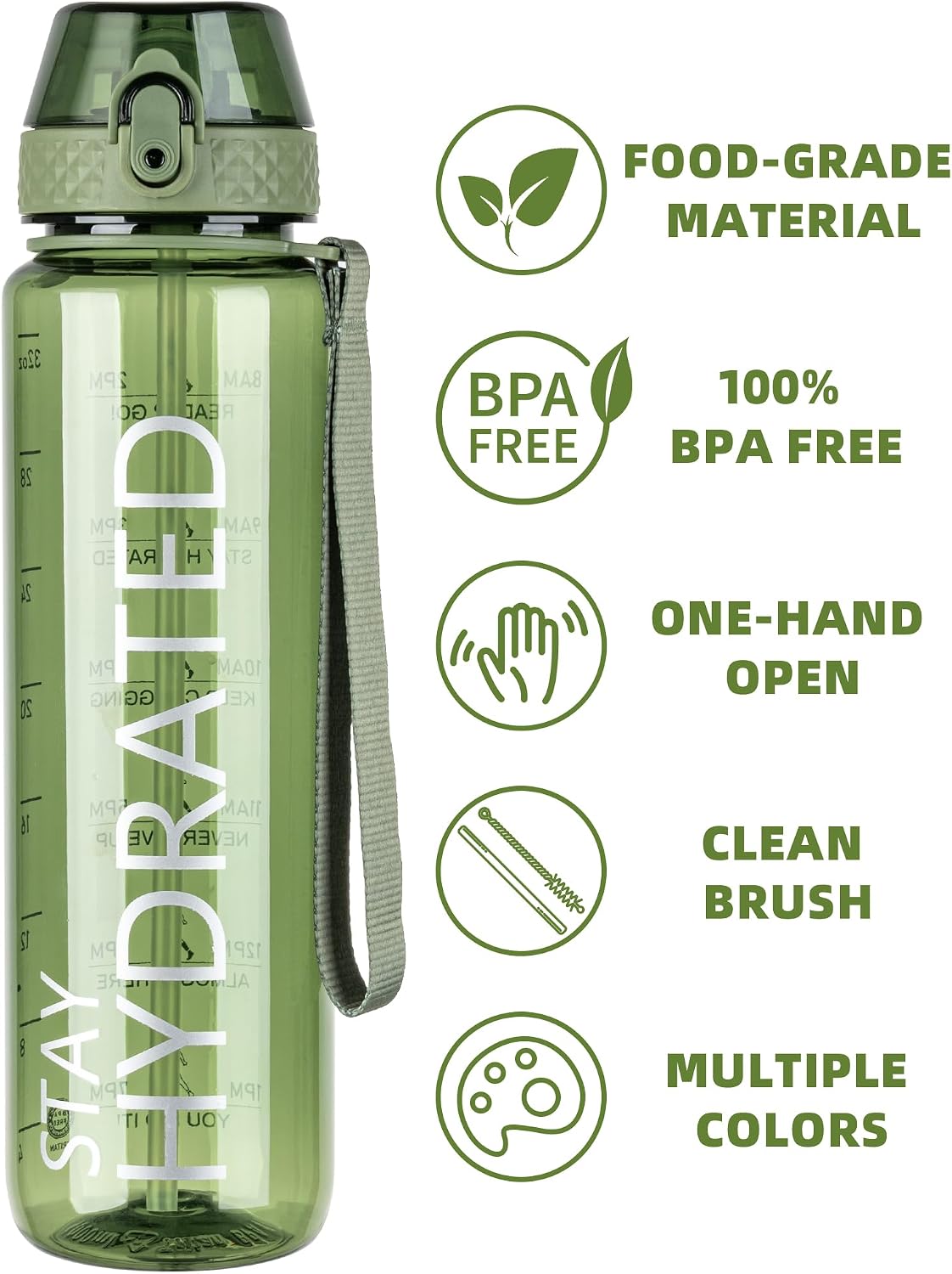 Detalle de OLDLEY 1L Sports Water Bottle with Straw – BPA Free Tritan, Leakproof, Time Marker