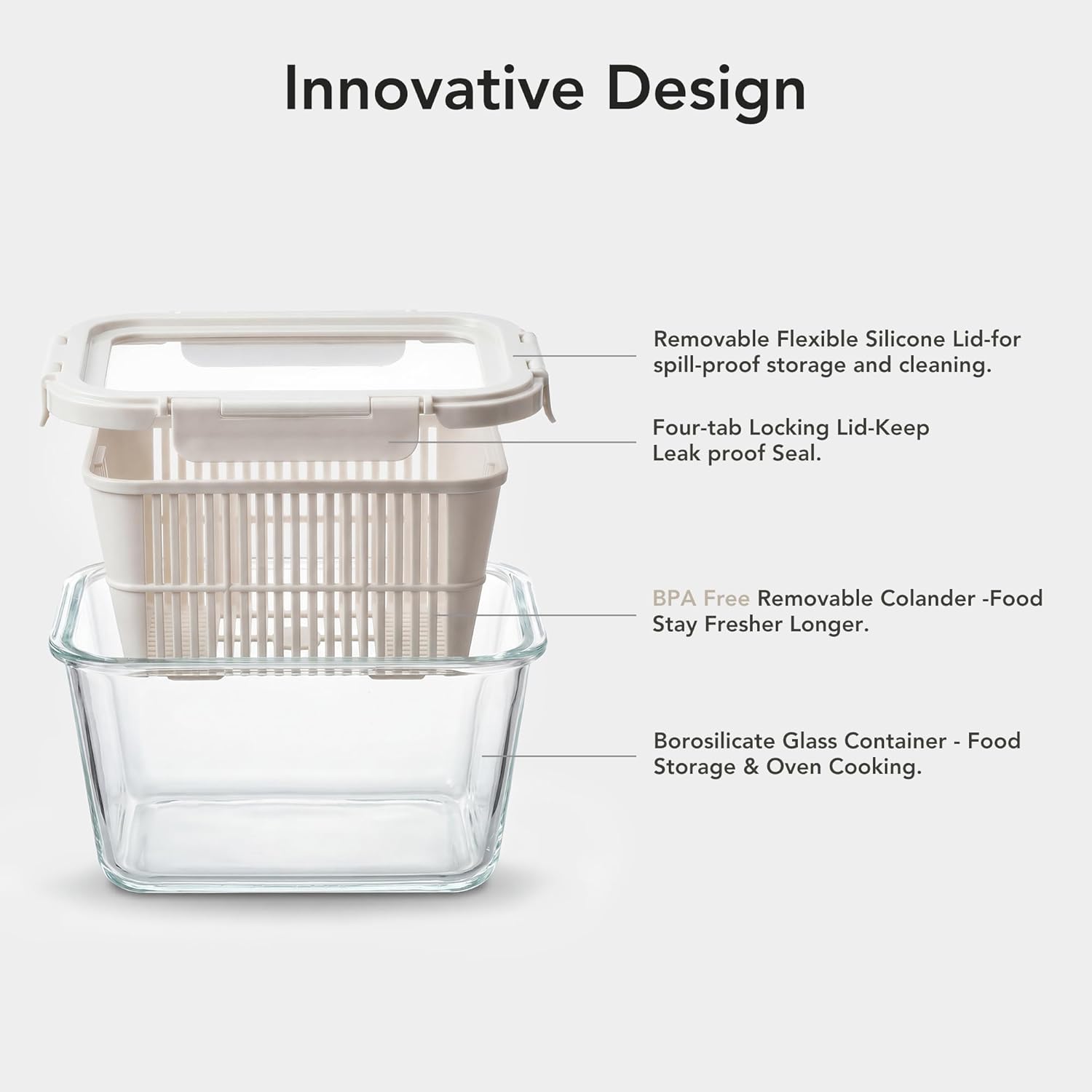 Detalle 2 de GENICOOK Glass Produce Storage Containers for Fridge – 2-Pack with Removable Colanders and Flexible Silicone Lids
