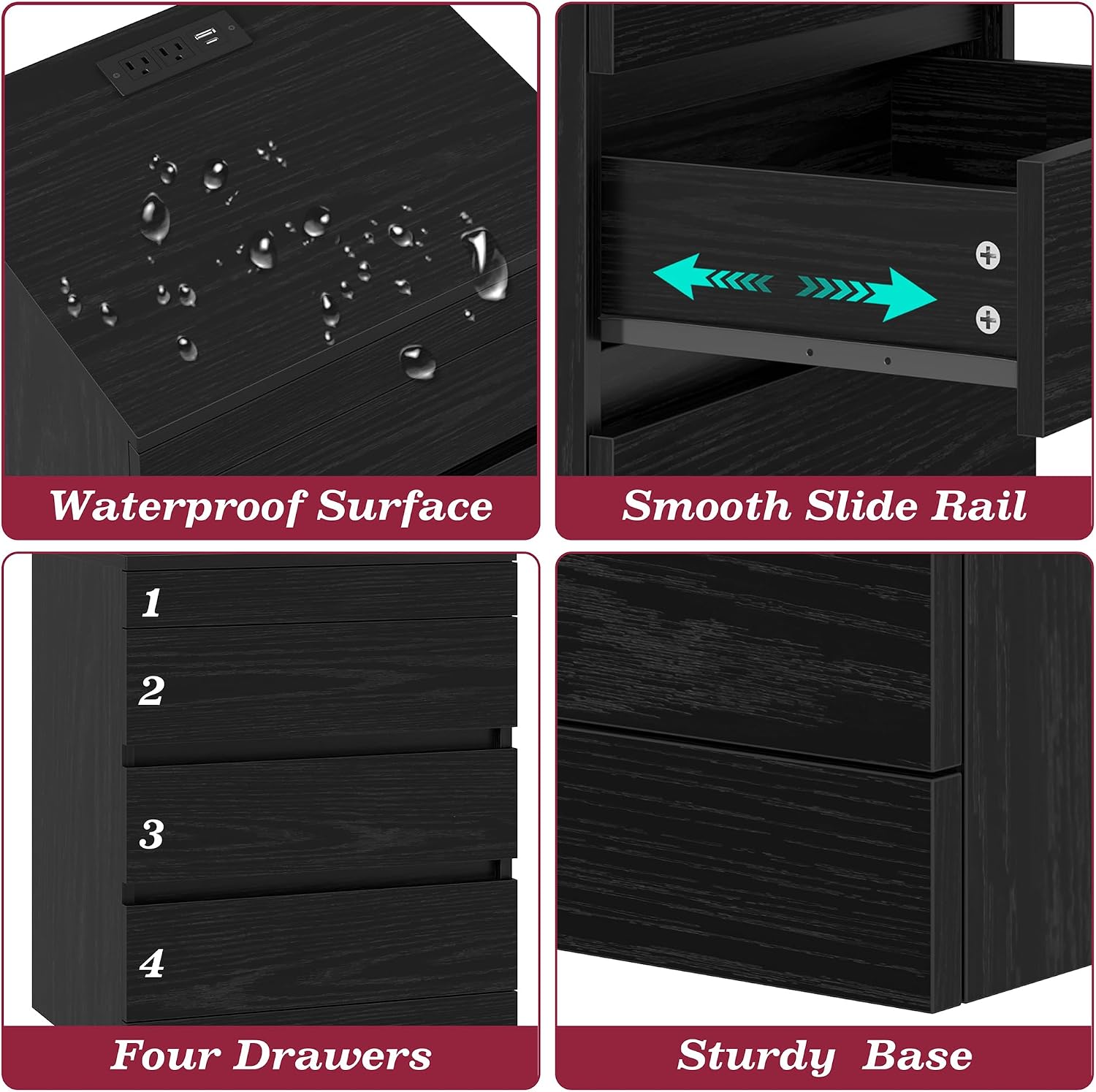 Thumbnail 5 de Yusong Black Oak Nightstand with Hidden Lock, 4 Drawers and Charging Station