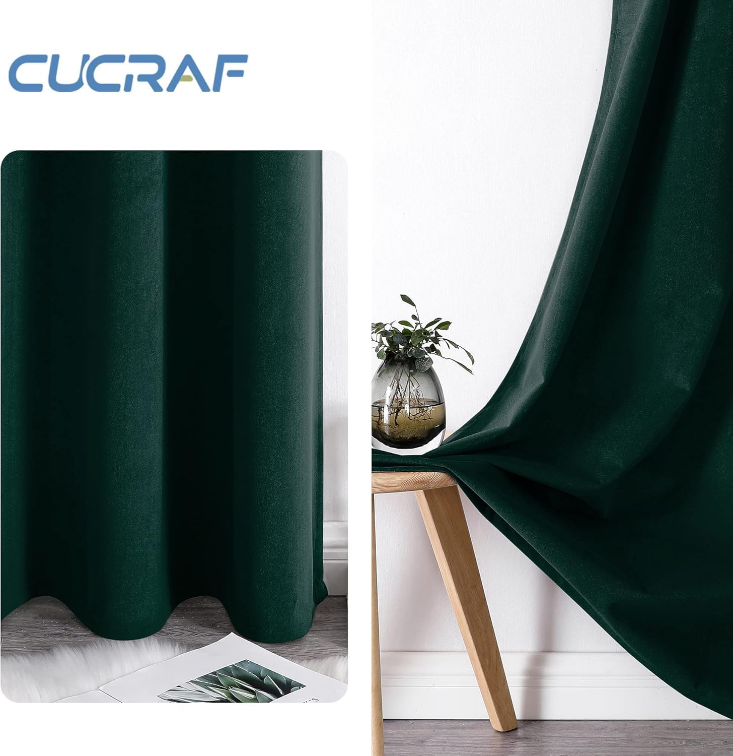 Detalle de CUCRAF Velvet Blackout Curtains for Bedroom – 2 Panels (46" x 54"), Dark Green, Ring Top Eyelet