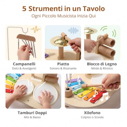 Detalle de Promise Babe Strumenti Musicali in Legno per Bambini da 1 a 3 Anni – Batteria Montessori con Xilofono, Tamburi e Percussioni