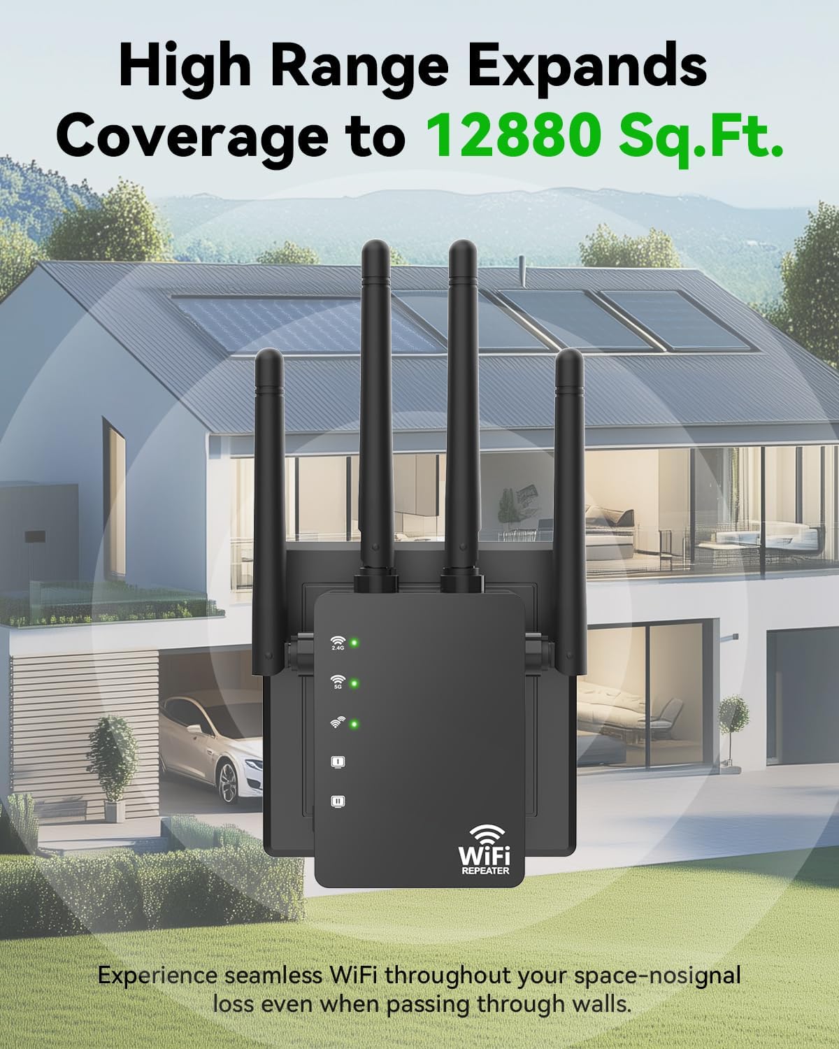 Detalle de WiFi Extender Signal Booster with Strong Coverage — 1200Mbps Dual Band, 12880 Sq.Ft Range, 105-Device Support