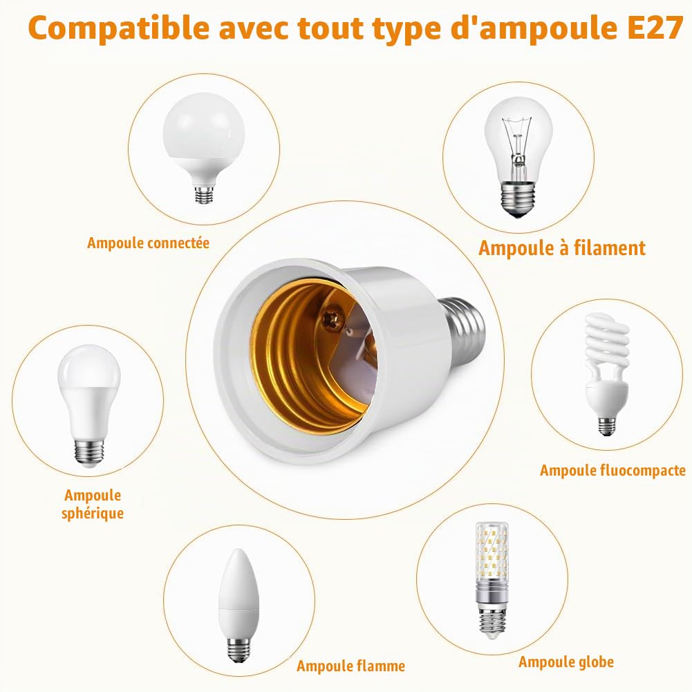 Detalle de AUAUY E14-naar-E27-fittingadapter, 4 stuks, tot 60 W, wit