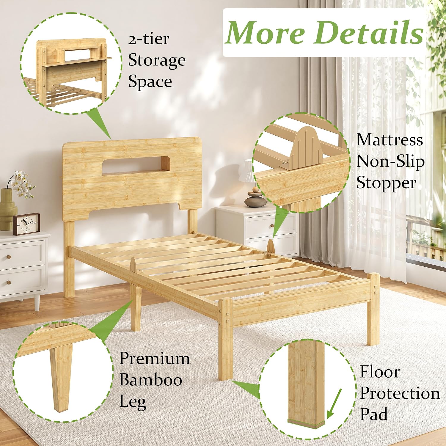 Detalle 2 de ZIYOO Bamboo Bed Frame Twin XL