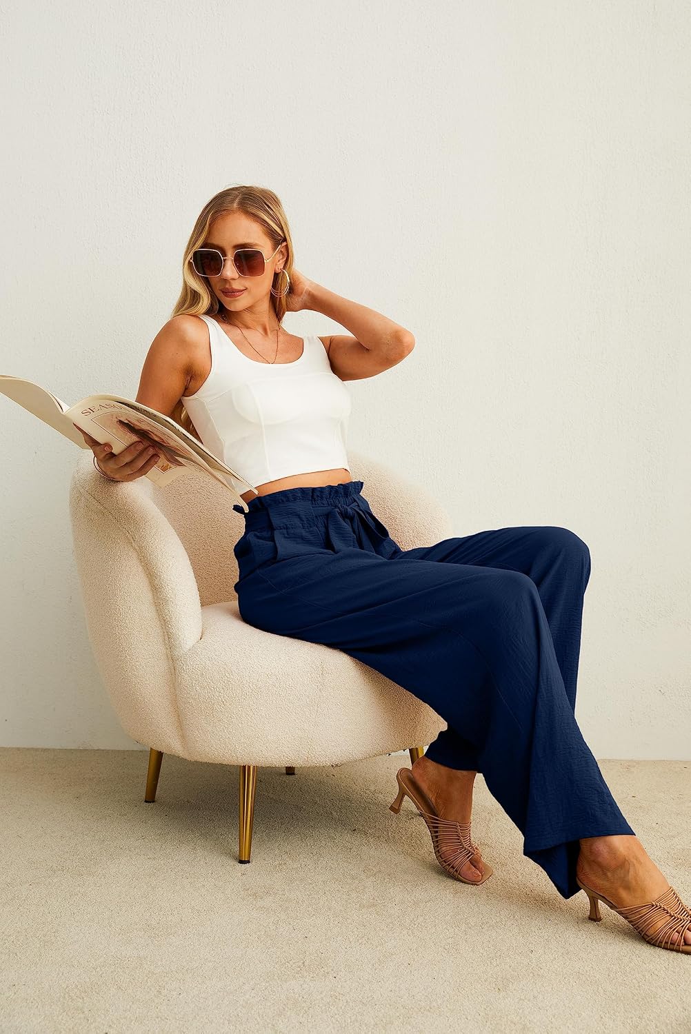 Thumbnail 5 de IWOLLENCE Women’s Wide Leg Pants with Pockets, High Waist Adjustable Knot Casual Trousers