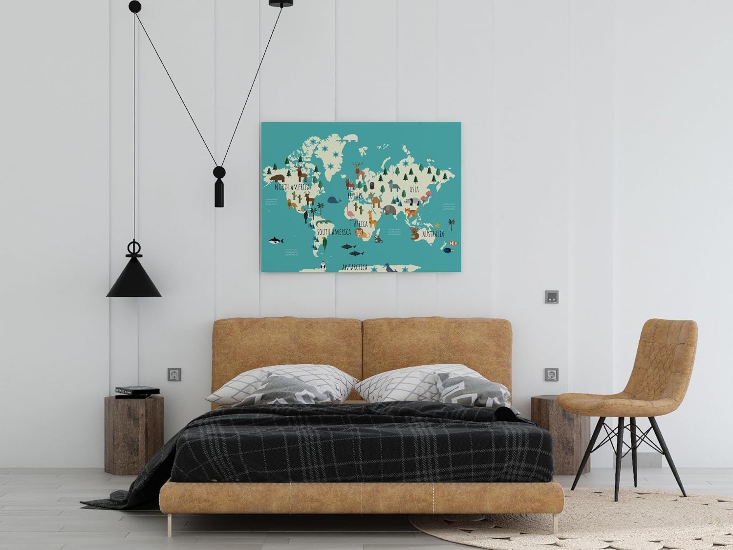 Detalle de framed concept världskarta i kork på duk, 60 × 40 cm med 50 guldfärgade nålar